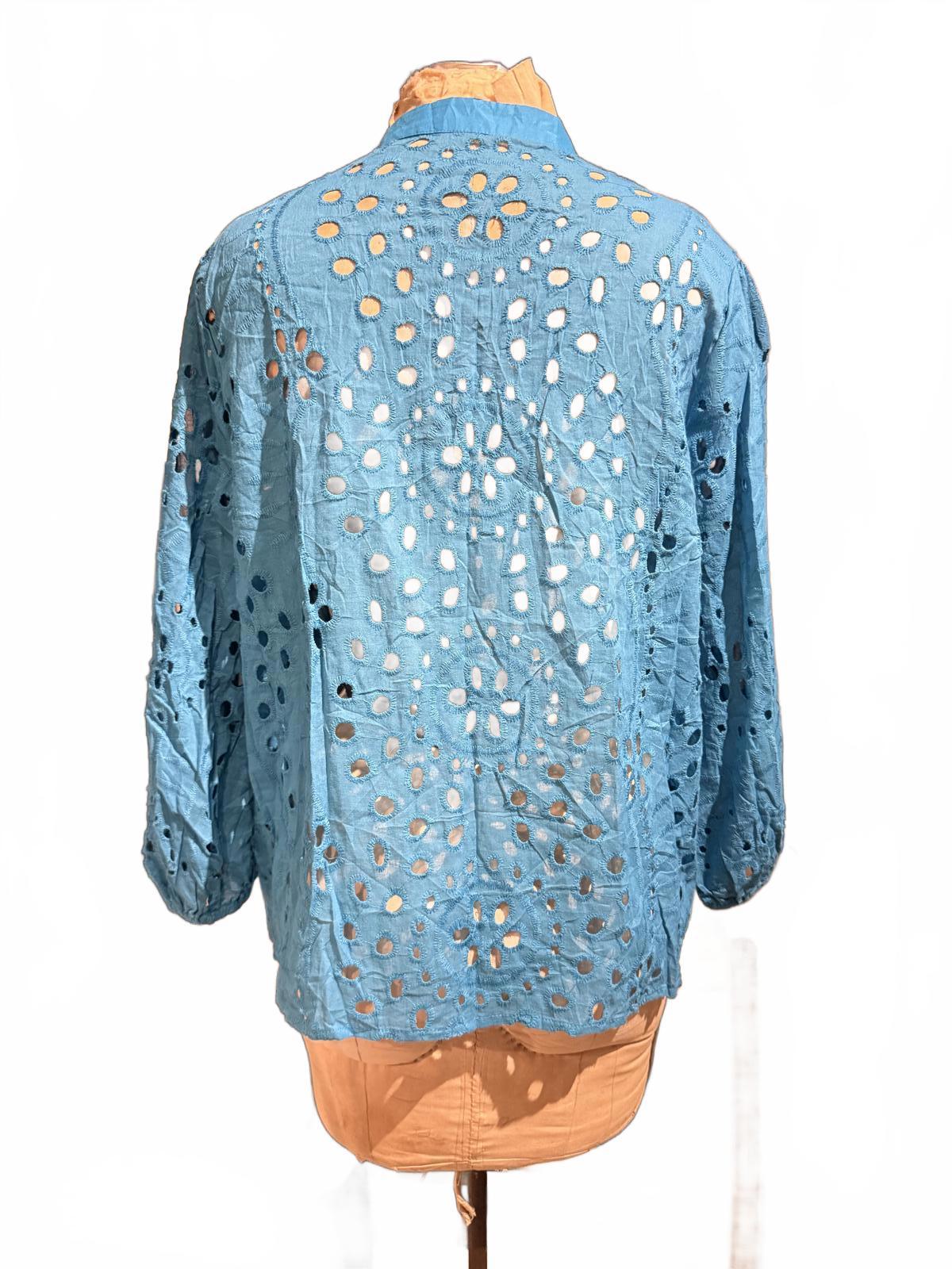 Blue Eyelet Embroidered Button-Up Shirt