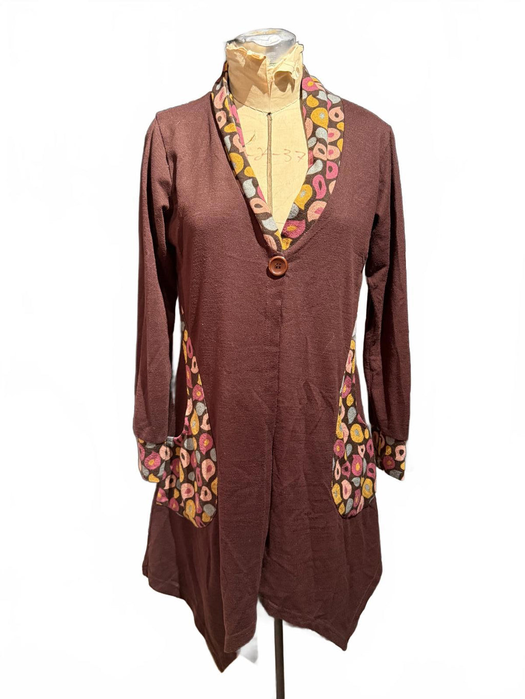Rising International Long Sleeve Brown Cardigan with Patterned Trim and Pockets