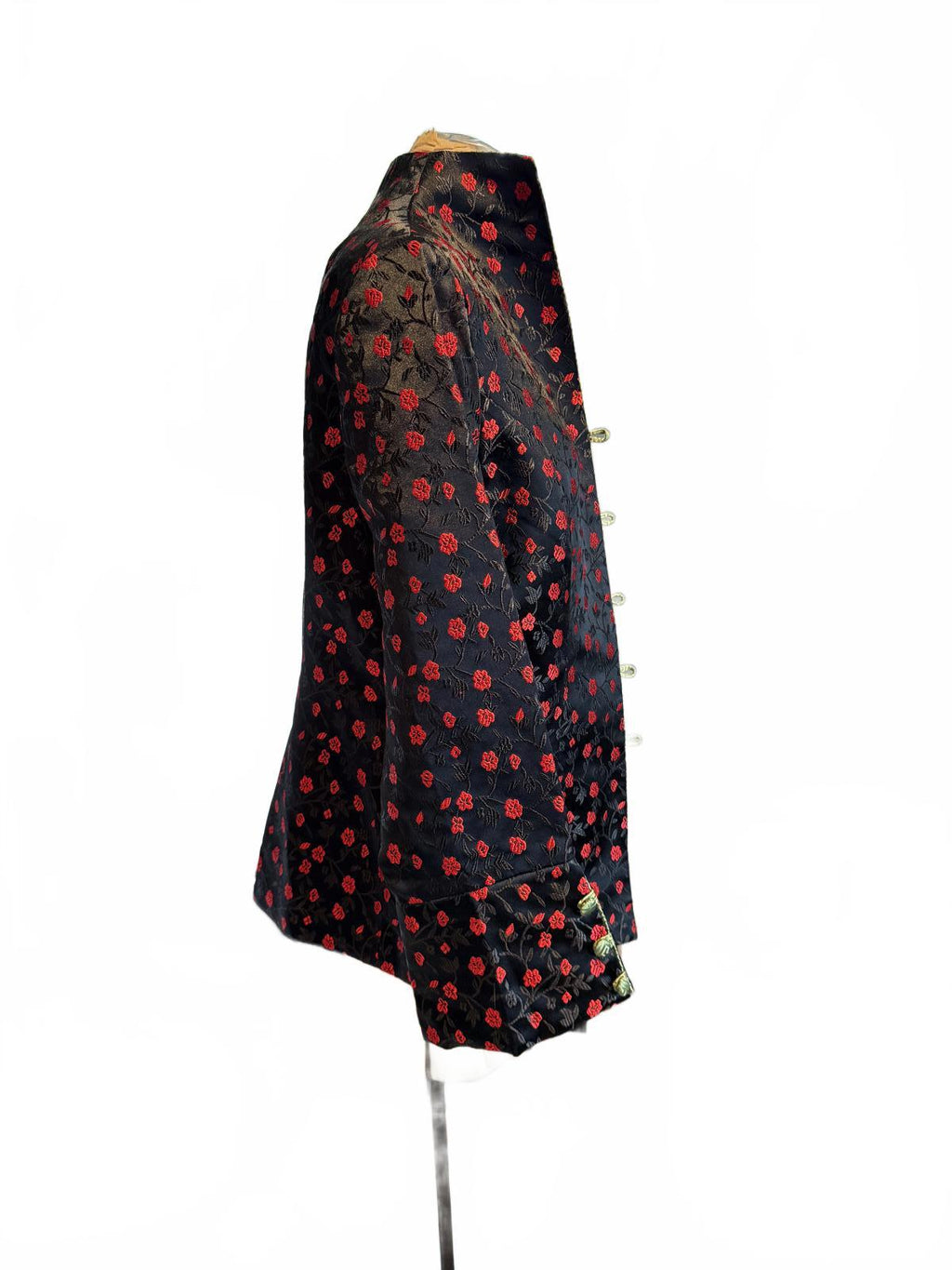 Keke Collection Black and Red Floral Patterned Jacket with Button Closure