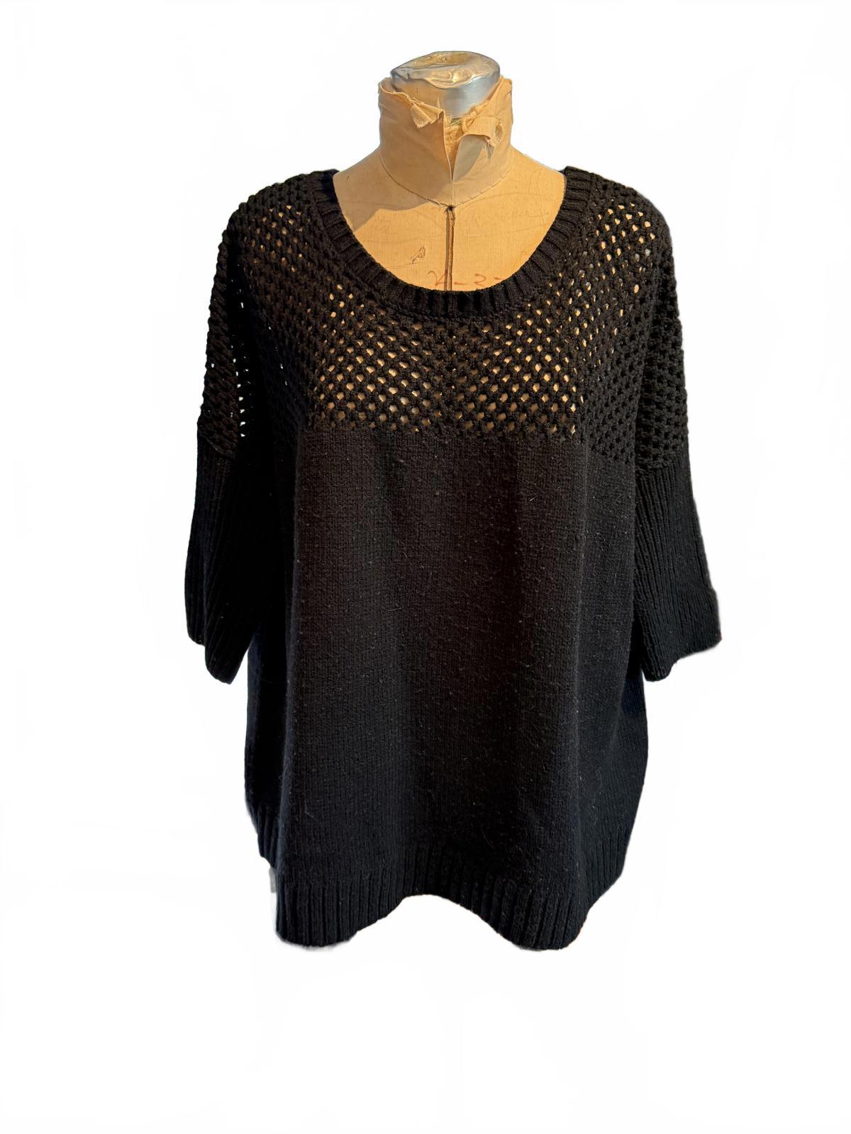 Bar III Black Knit Sweater with Open Weave Yoke and 3/4 Sleeves