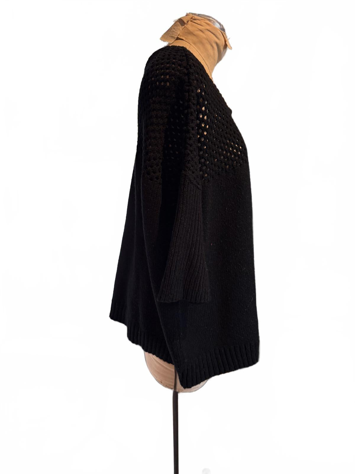 Bar III Black Knit Sweater with Open Weave Yoke and 3/4 Sleeves