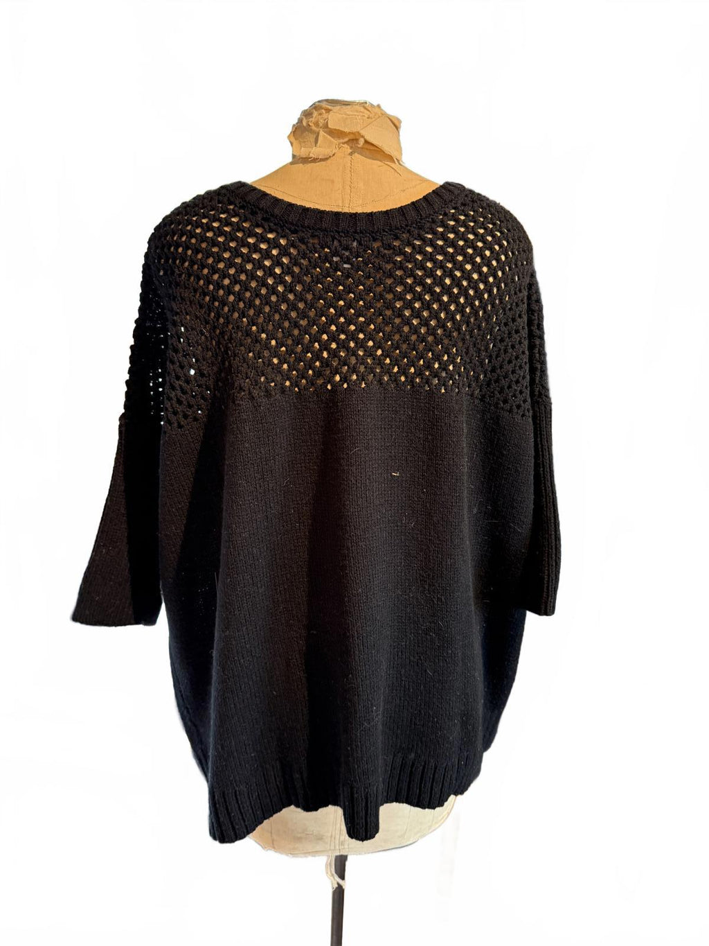 Bar III Black Knit Sweater with Open Weave Yoke and 3/4 Sleeves