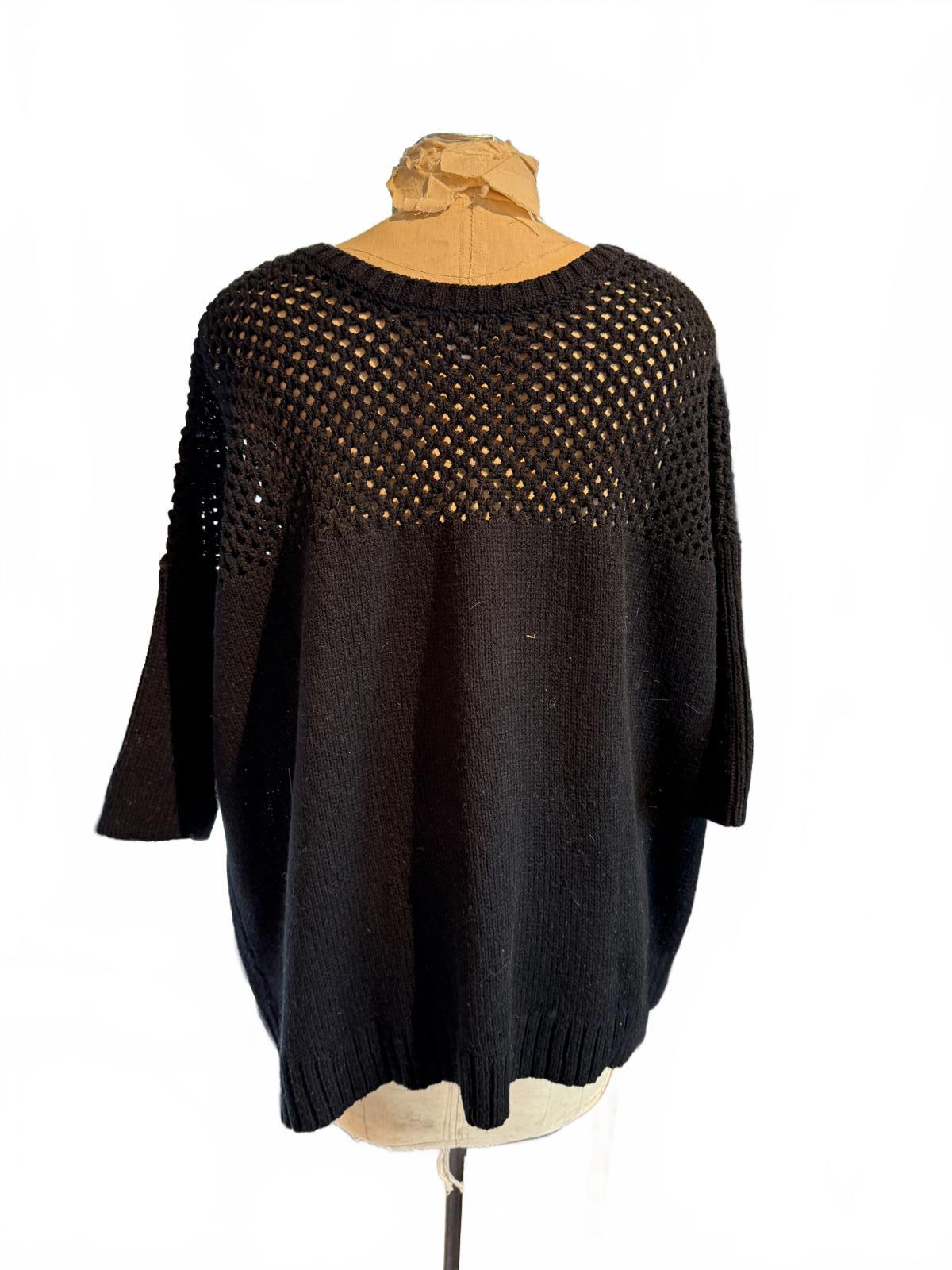 Bar III Black Knit Sweater with Open Weave Yoke and 3/4 Sleeves