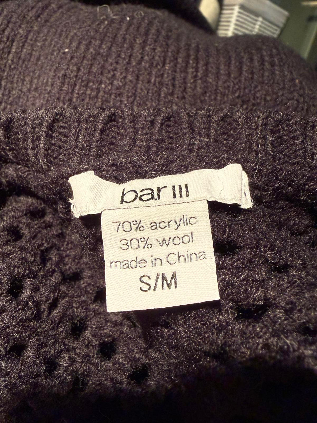 Bar III Black Knit Sweater with Open Weave Yoke and 3/4 Sleeves