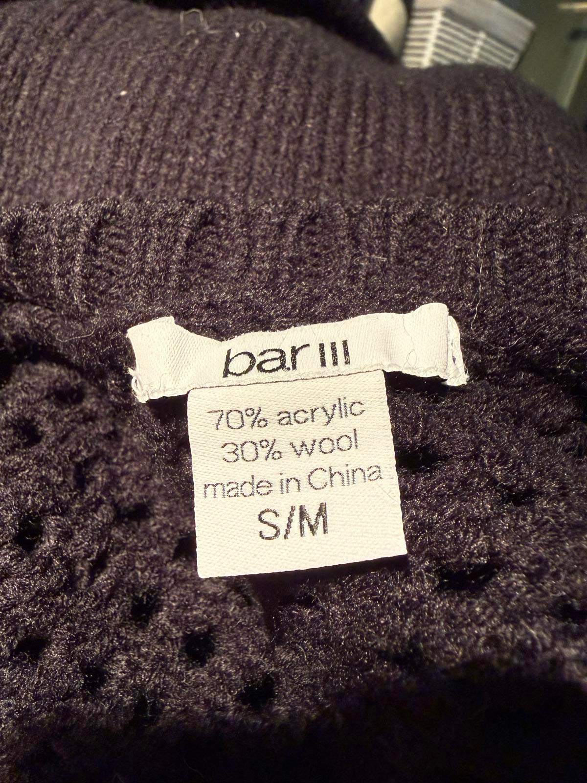 Bar III Black Knit Sweater with Open Weave Yoke and 3/4 Sleeves