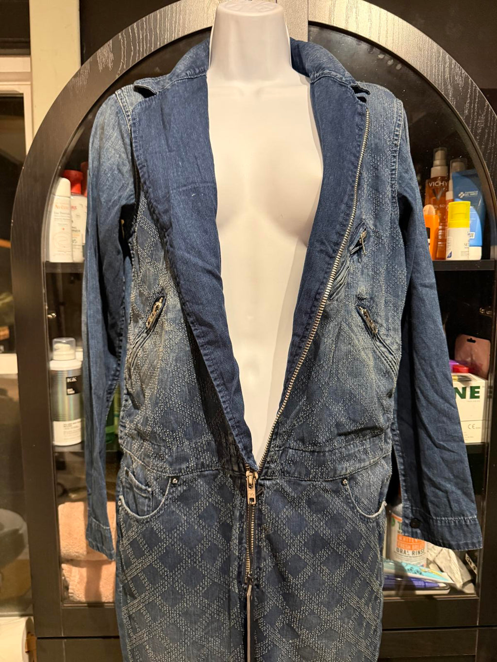 D-ID Denim Jumpsuit with Front Zipper and Long Sleeves