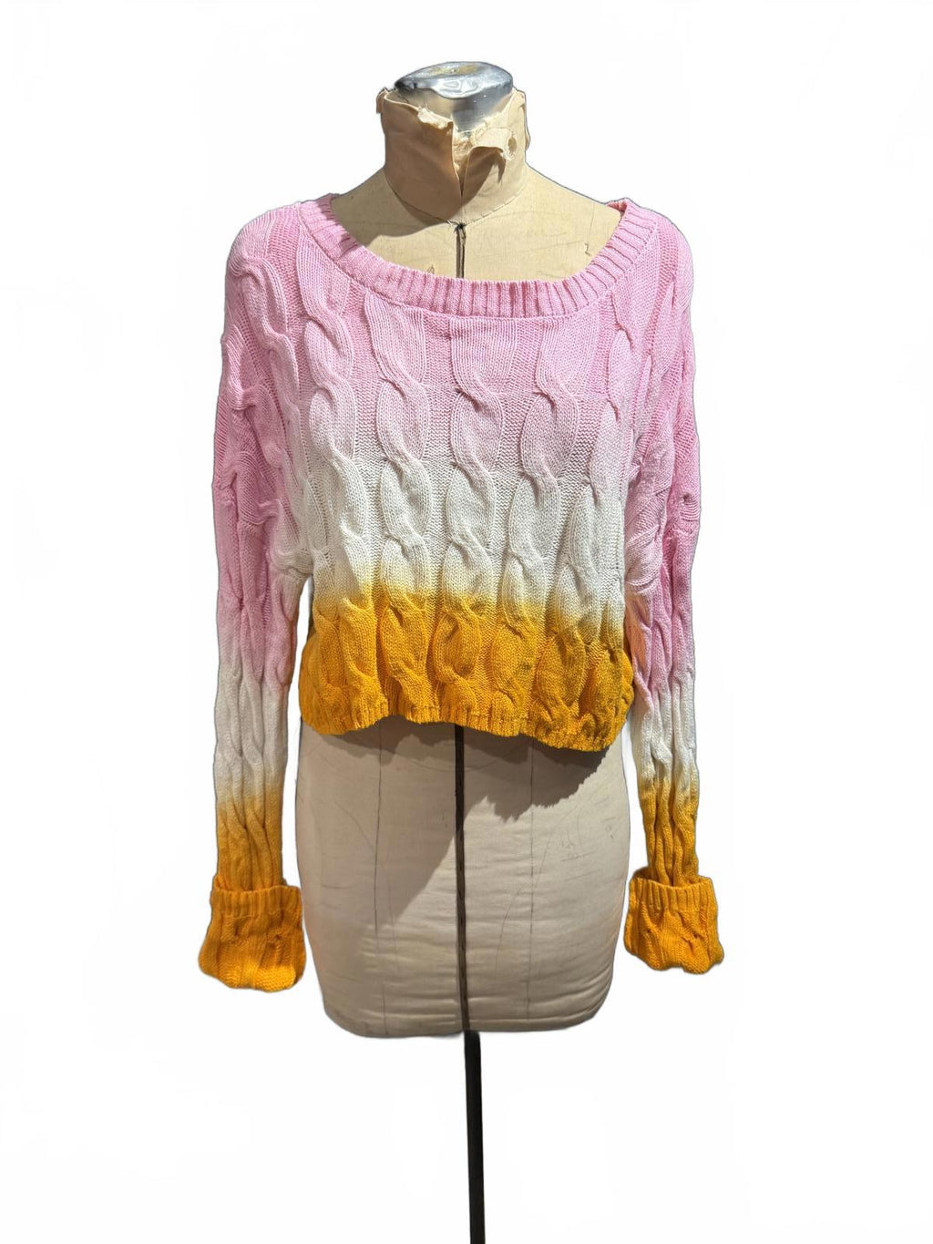 Sincerely Jules Colorblock Cable Knit Sweater with Pink, White, and Mustard