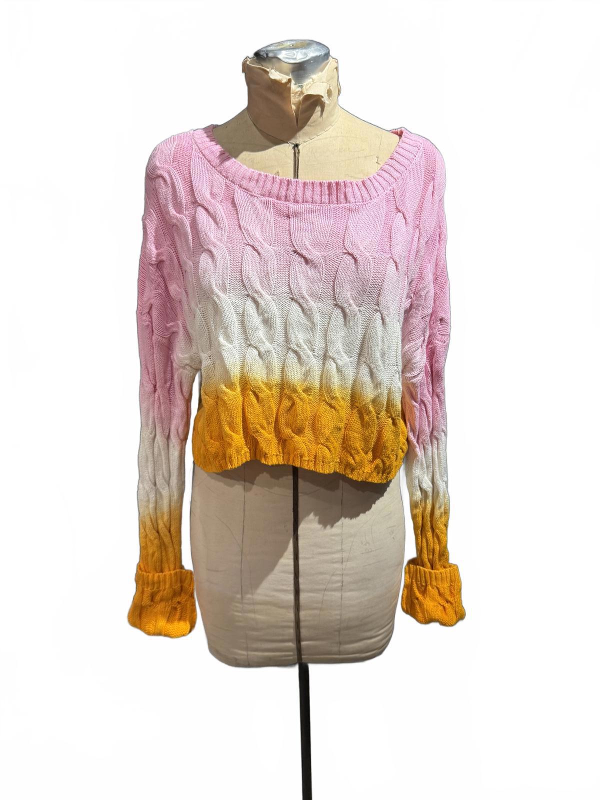 Sincerely Jules Colorblock Cable Knit Sweater with Pink, White, and Mustard