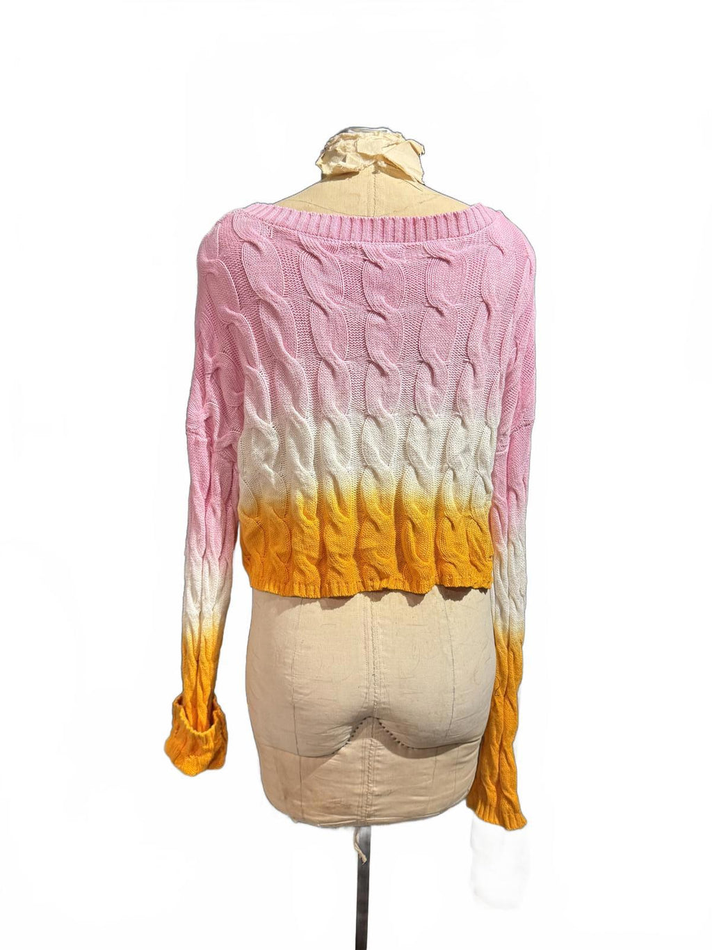 Sincerely Jules Colorblock Cable Knit Sweater with Pink, White, and Mustard