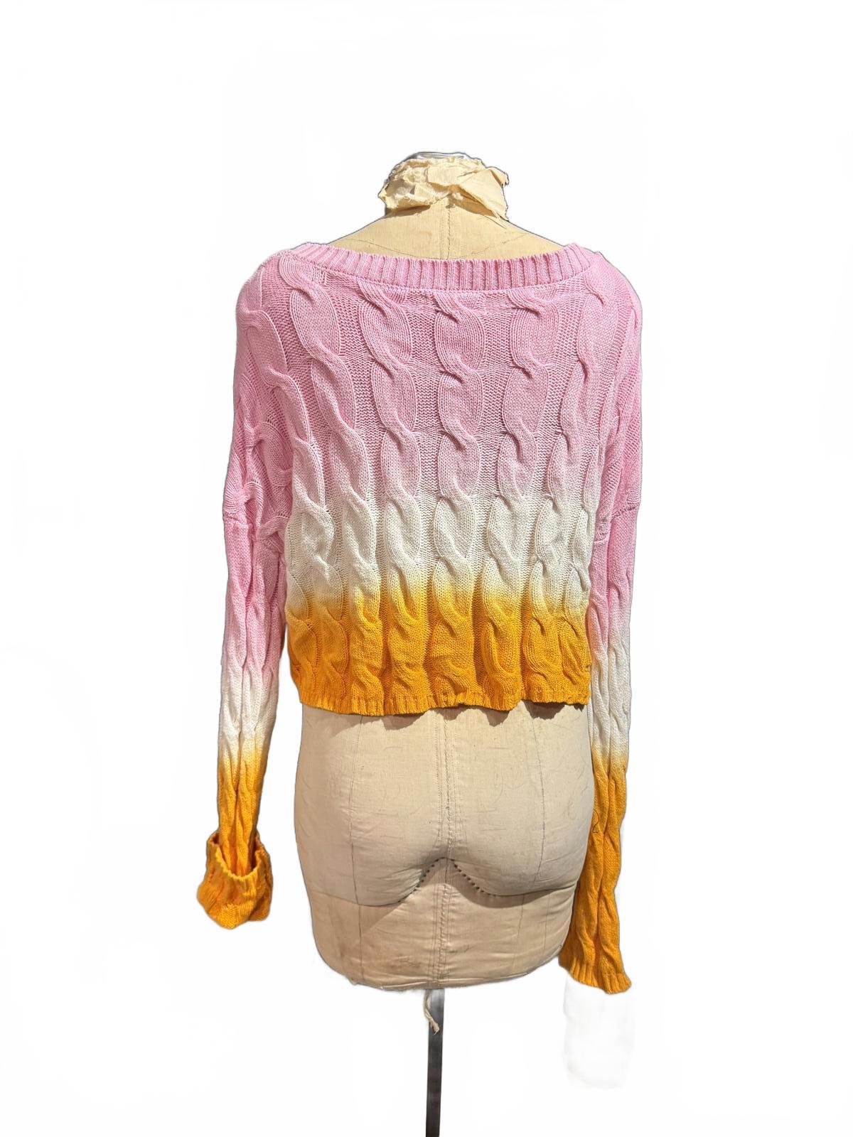 Sincerely Jules Colorblock Cable Knit Sweater with Pink, White, and Mustard