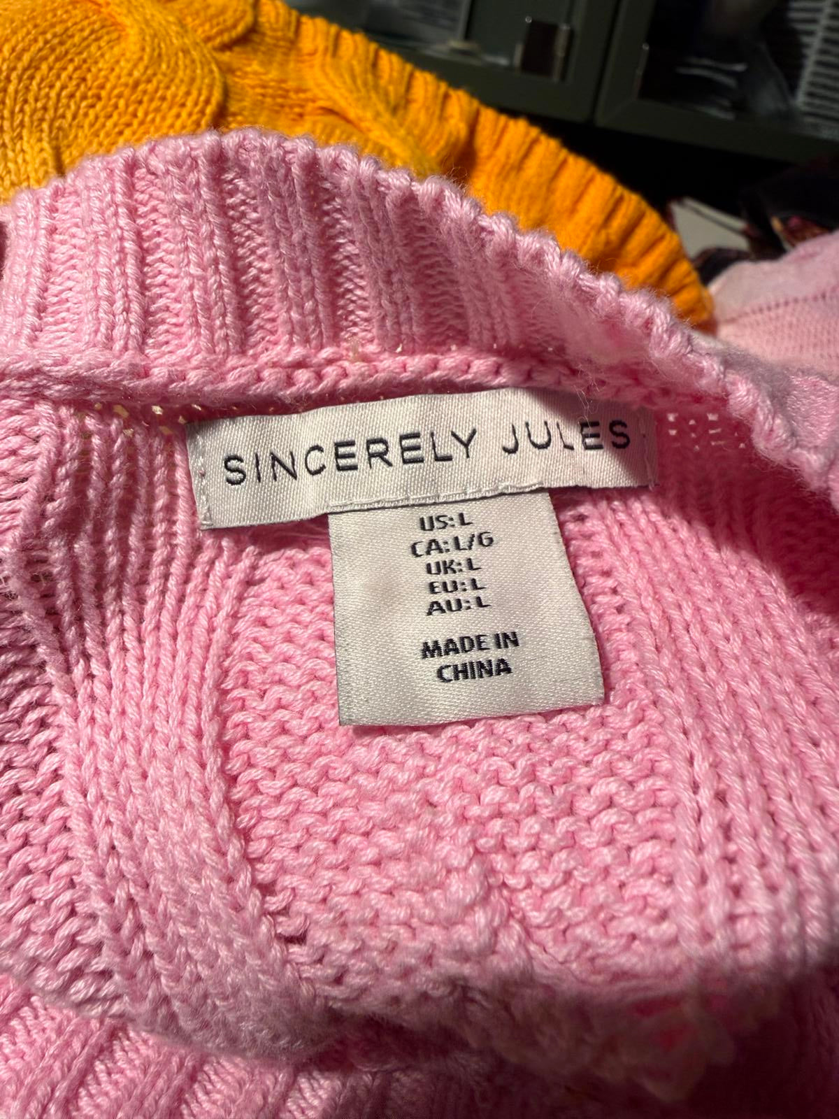 Sincerely Jules Colorblock Cable Knit Sweater with Pink, White, and Mustard
