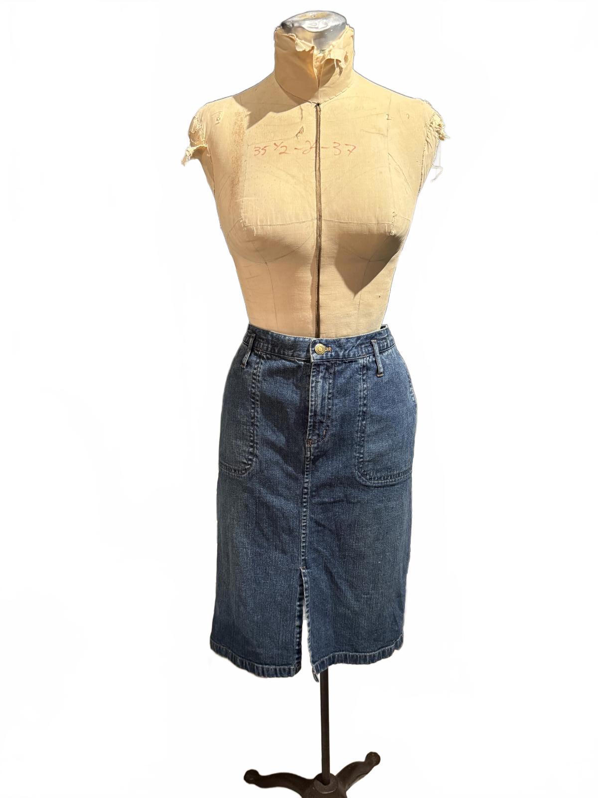 Ralph Lauren Classic Denim Midi Skirt with Front Slit and Pockets