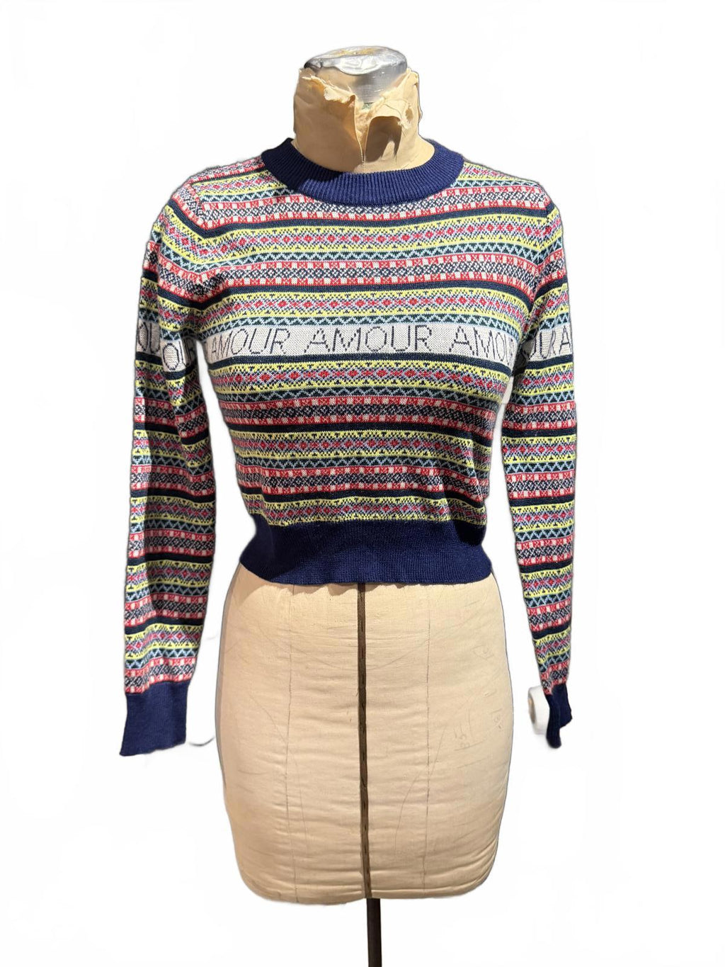 Topshop Colorful Patterned Cropped Sweater with 'AMOUR' Detail