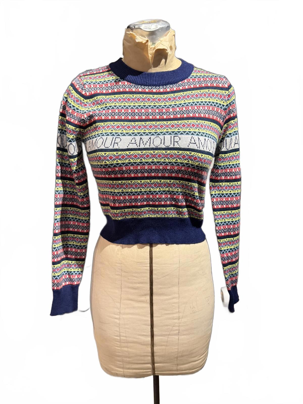 Topshop Colorful Patterned Cropped Sweater with 'AMOUR' Detail