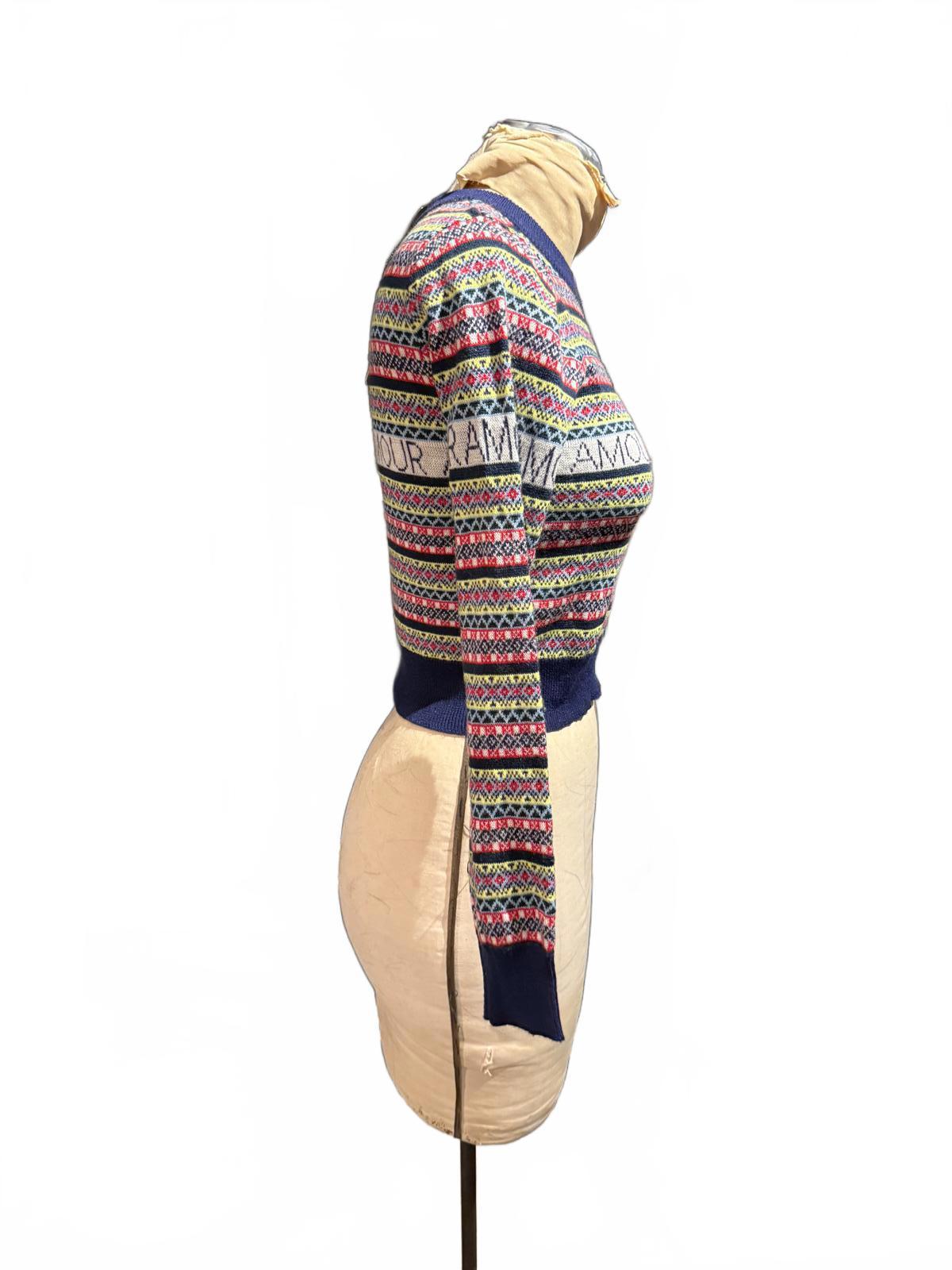 Topshop Colorful Patterned Cropped Sweater with 'AMOUR' Detail