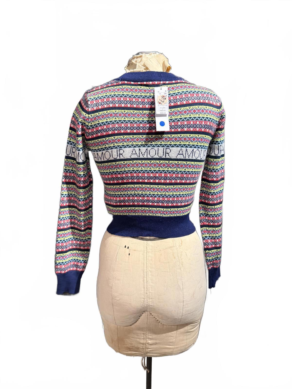 Topshop Colorful Patterned Cropped Sweater with 'AMOUR' Detail