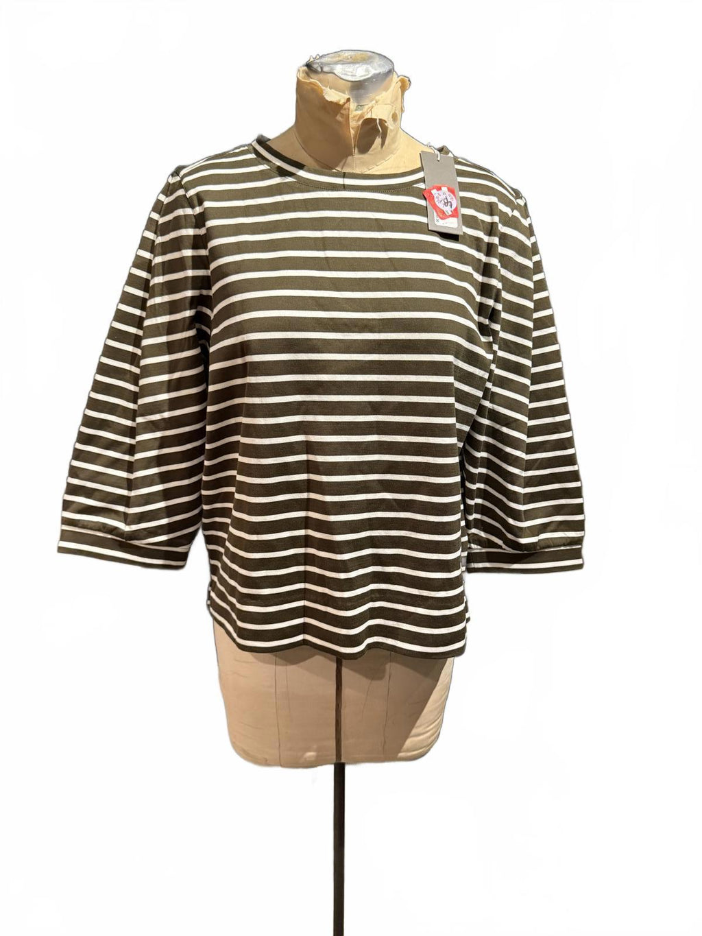 Nordstrom Signature Striped Brown and White 3/4 Pleated Sleeve Top