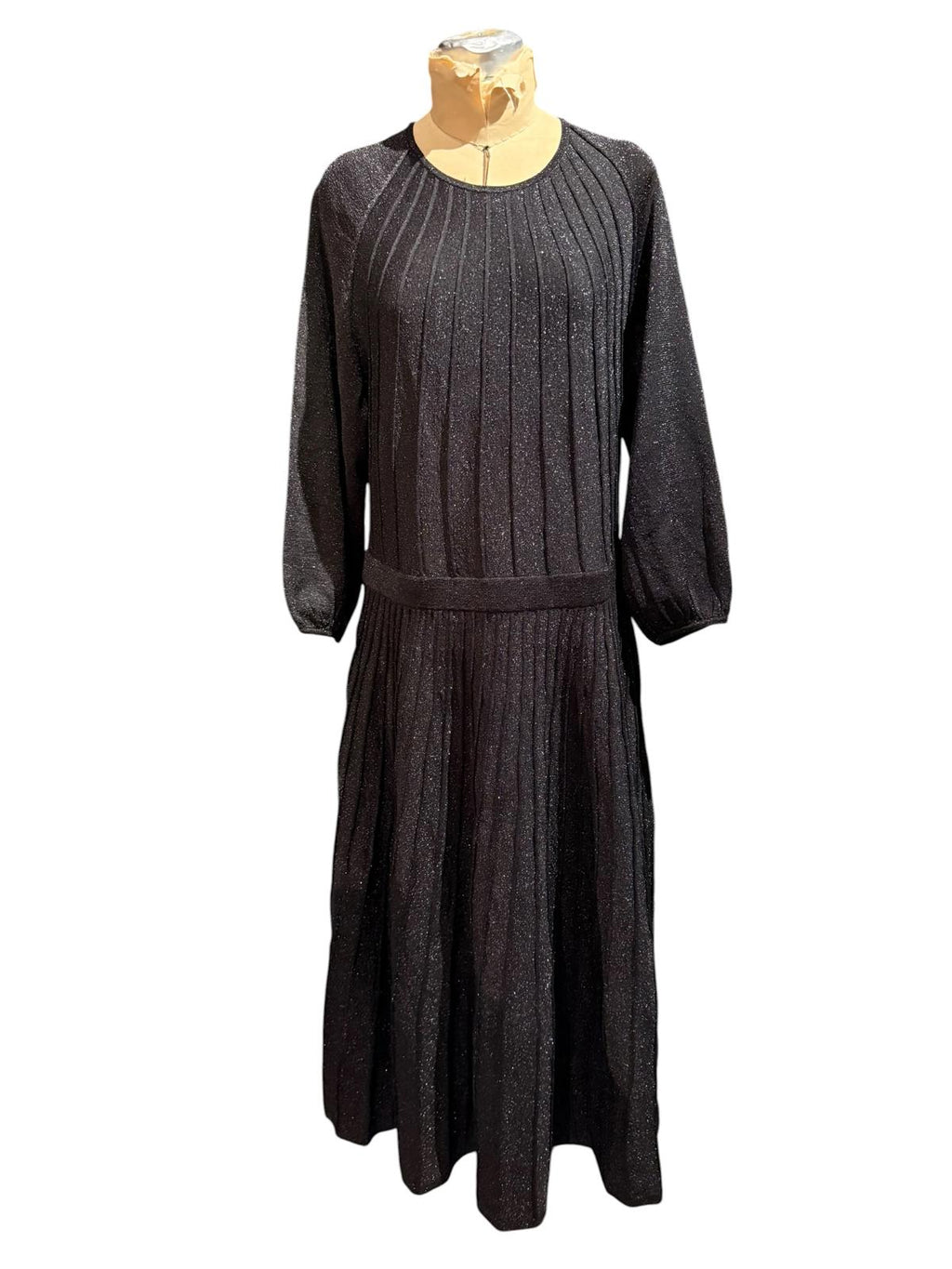The Fold Lumia Black Metallic Long Sleeve Knit Dress with Pleated Skirt
