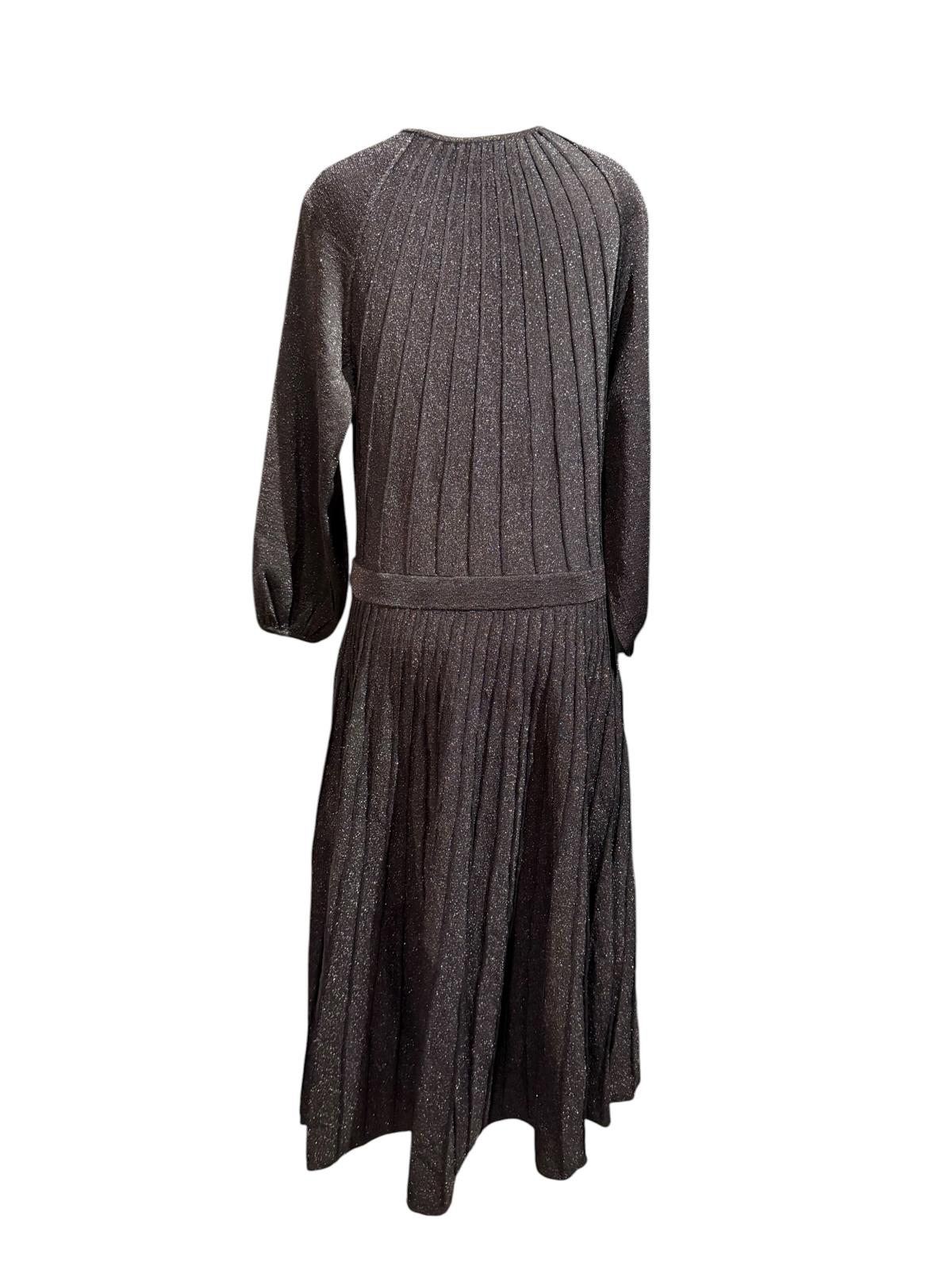 The Fold Lumia Black Metallic Long Sleeve Knit Dress with Pleated Skirt