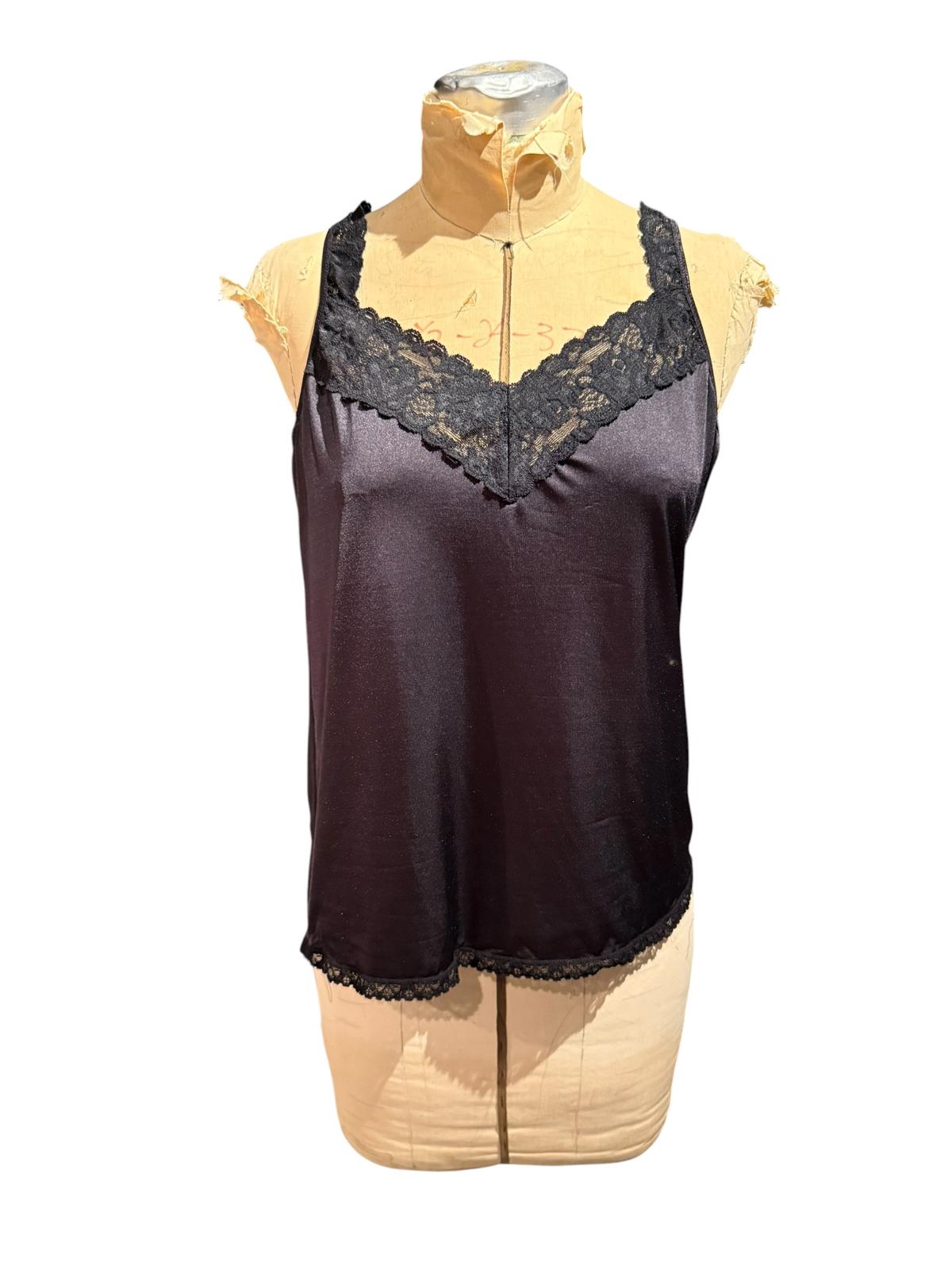 Vanity Fair Vintage Black Satin Camisole with Lace Trim