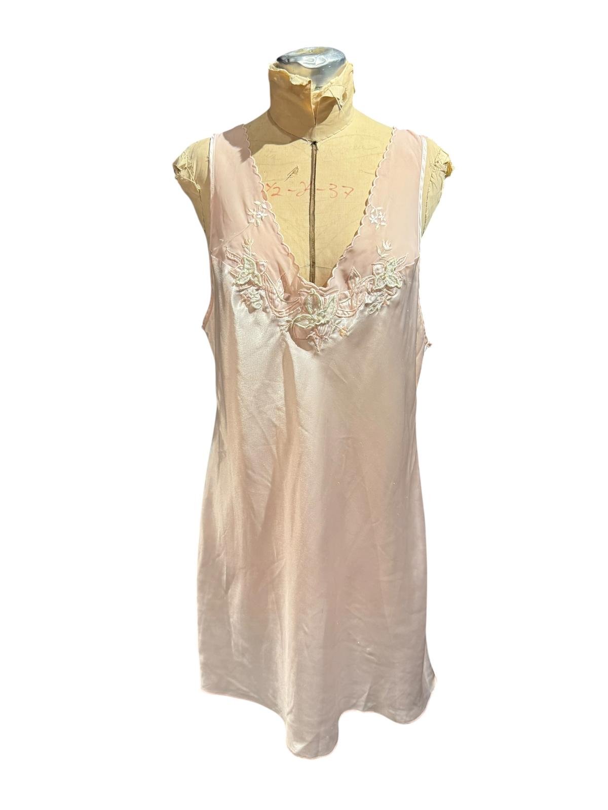 Val Mode Vintage Light Pink Satin Slip Dress with Embroidered Floral