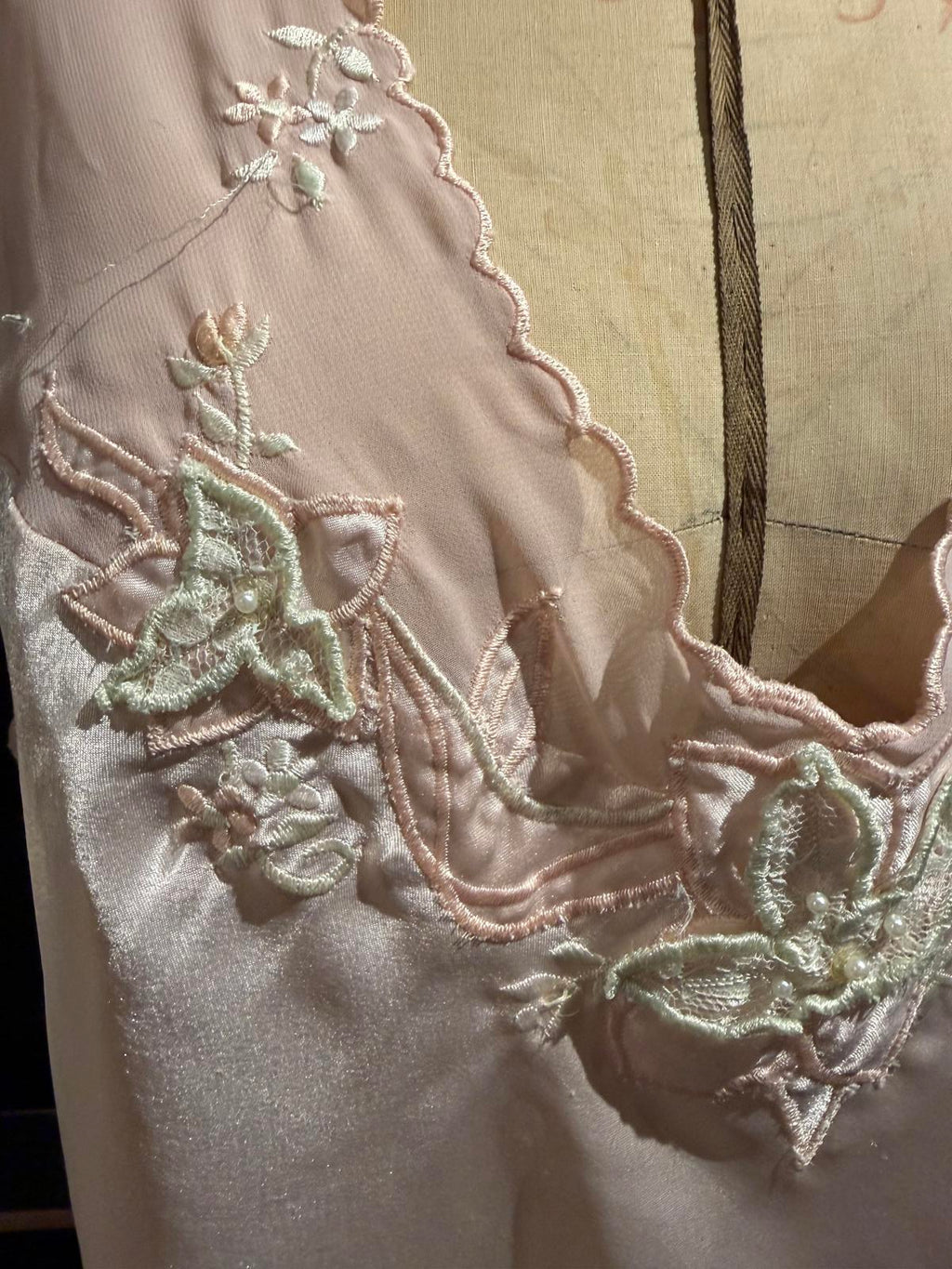 Val Mode Vintage Light Pink Satin Slip Dress with Embroidered Floral