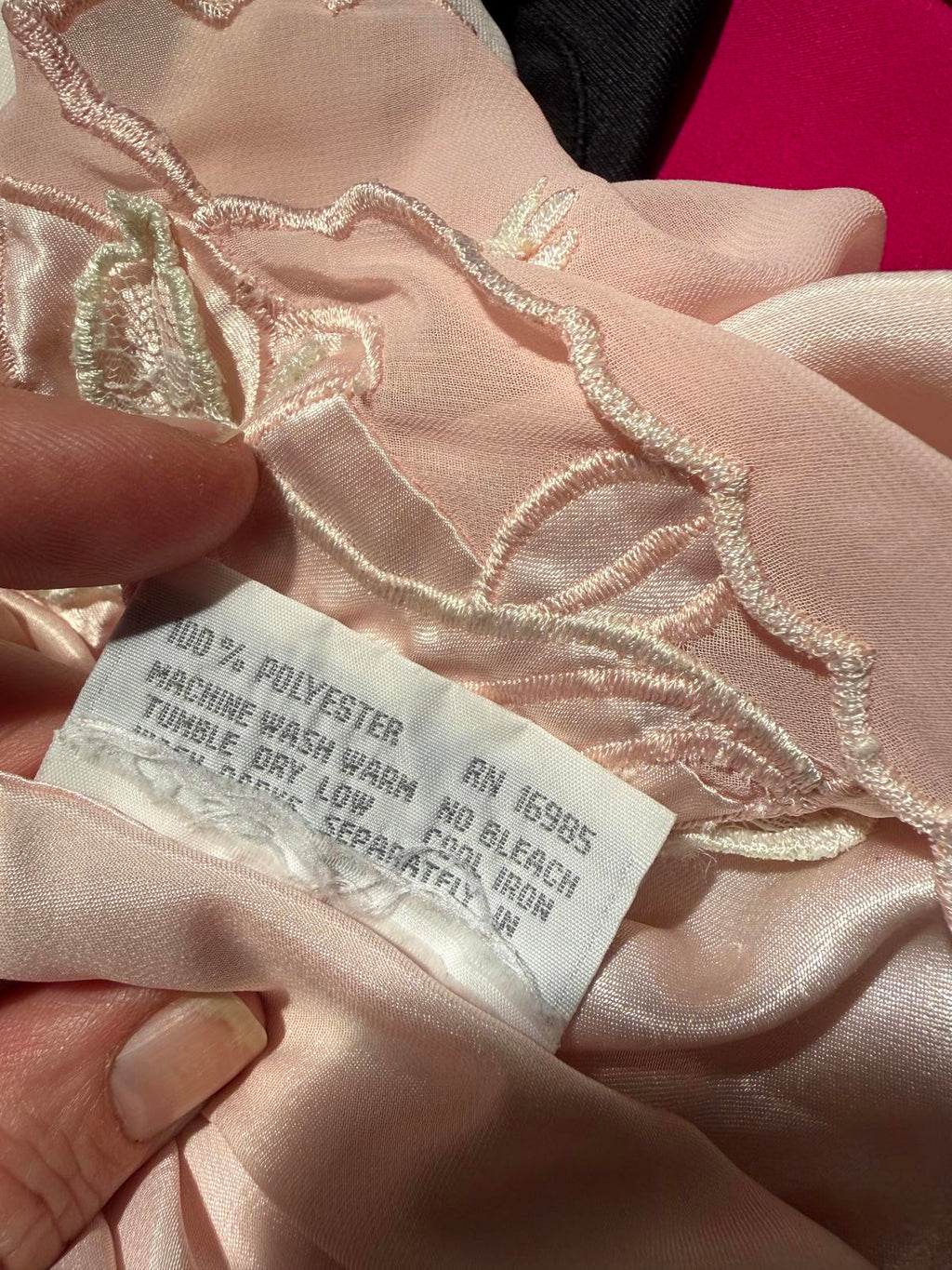 Val Mode Vintage Light Pink Satin Slip Dress with Embroidered Floral