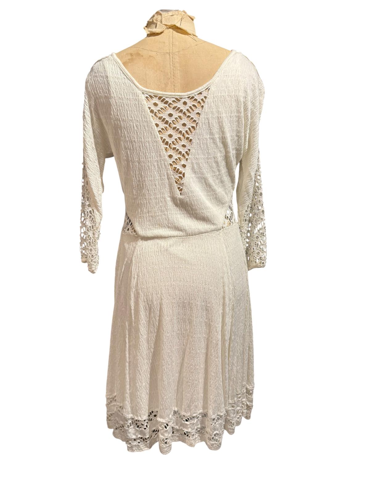 Free People Cream Crochet Detail Knit Dress with 3/4 Sleeves