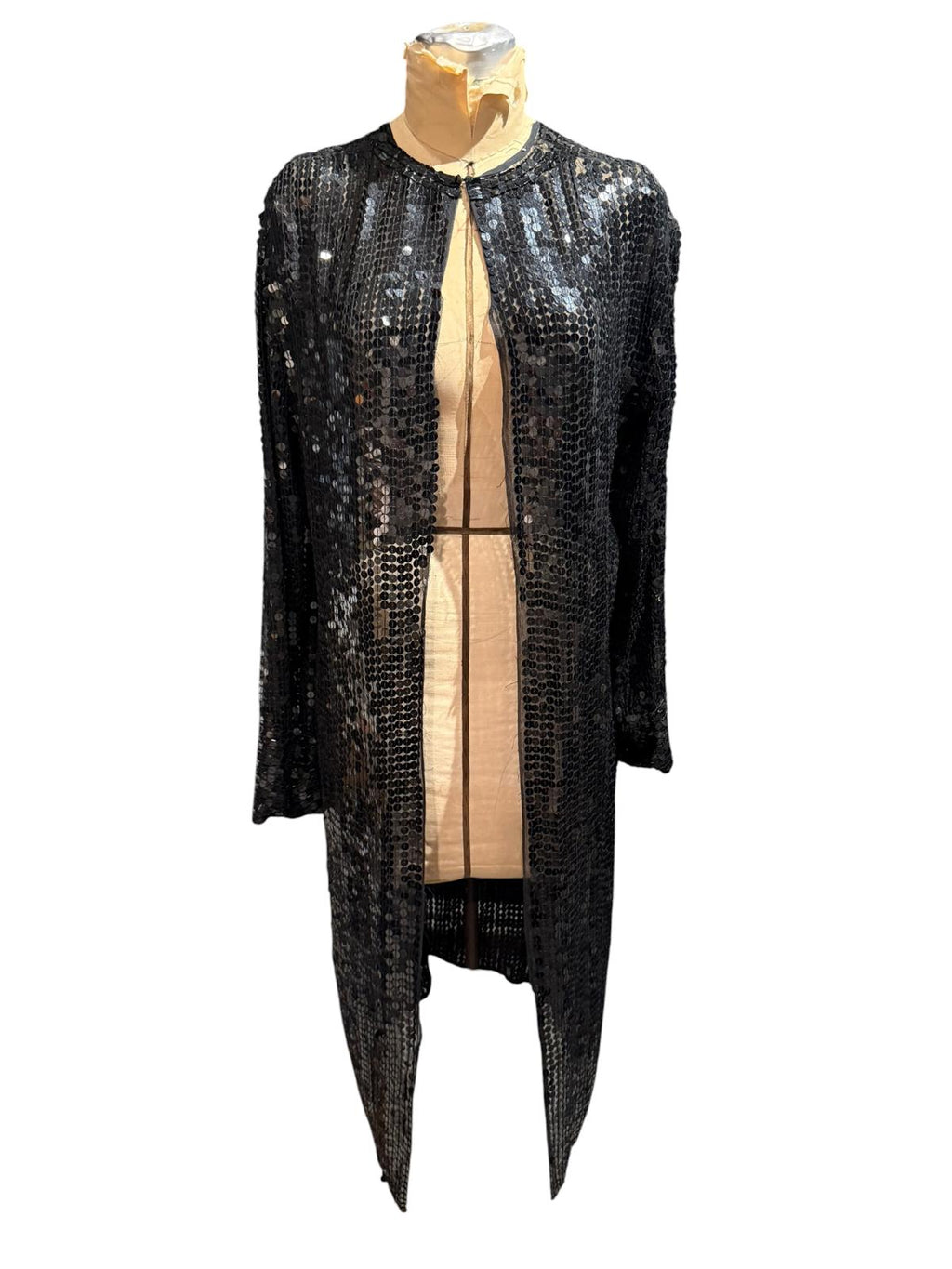 Black Vintage Long Sleeve 100% Silk Sequin Open Front Duster Coat