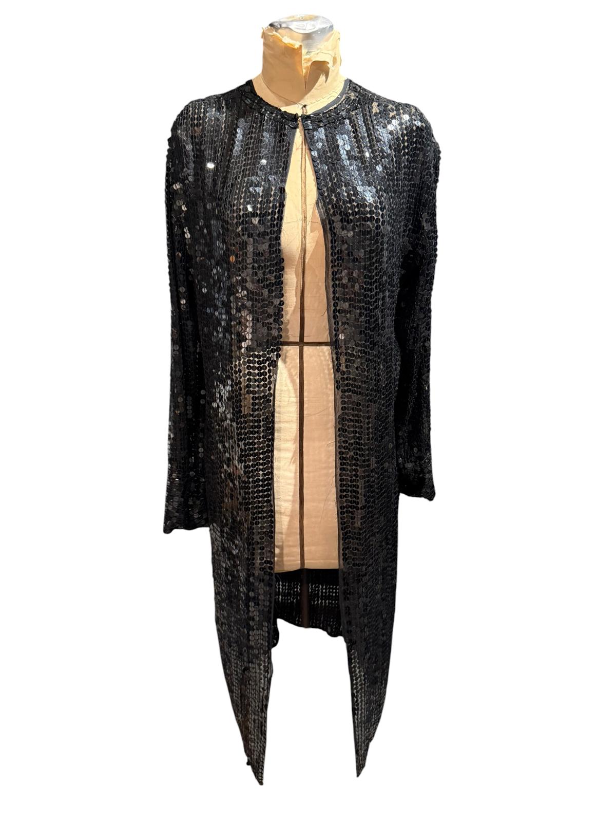 Black Vintage Long Sleeve 100% Silk Sequin Open Front Duster Coat