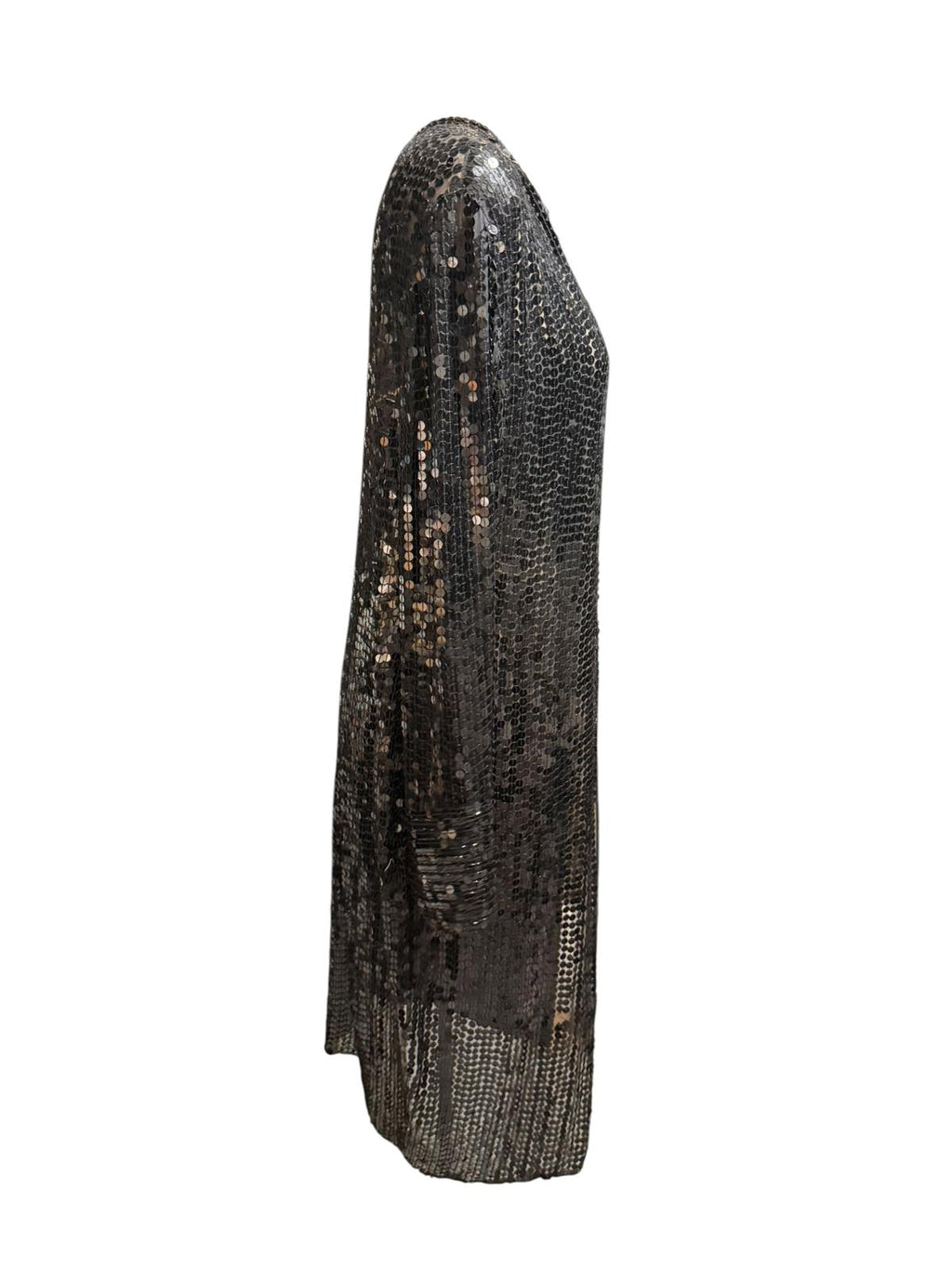 Black Vintage Long Sleeve 100% Silk Sequin Open Front Duster Coat
