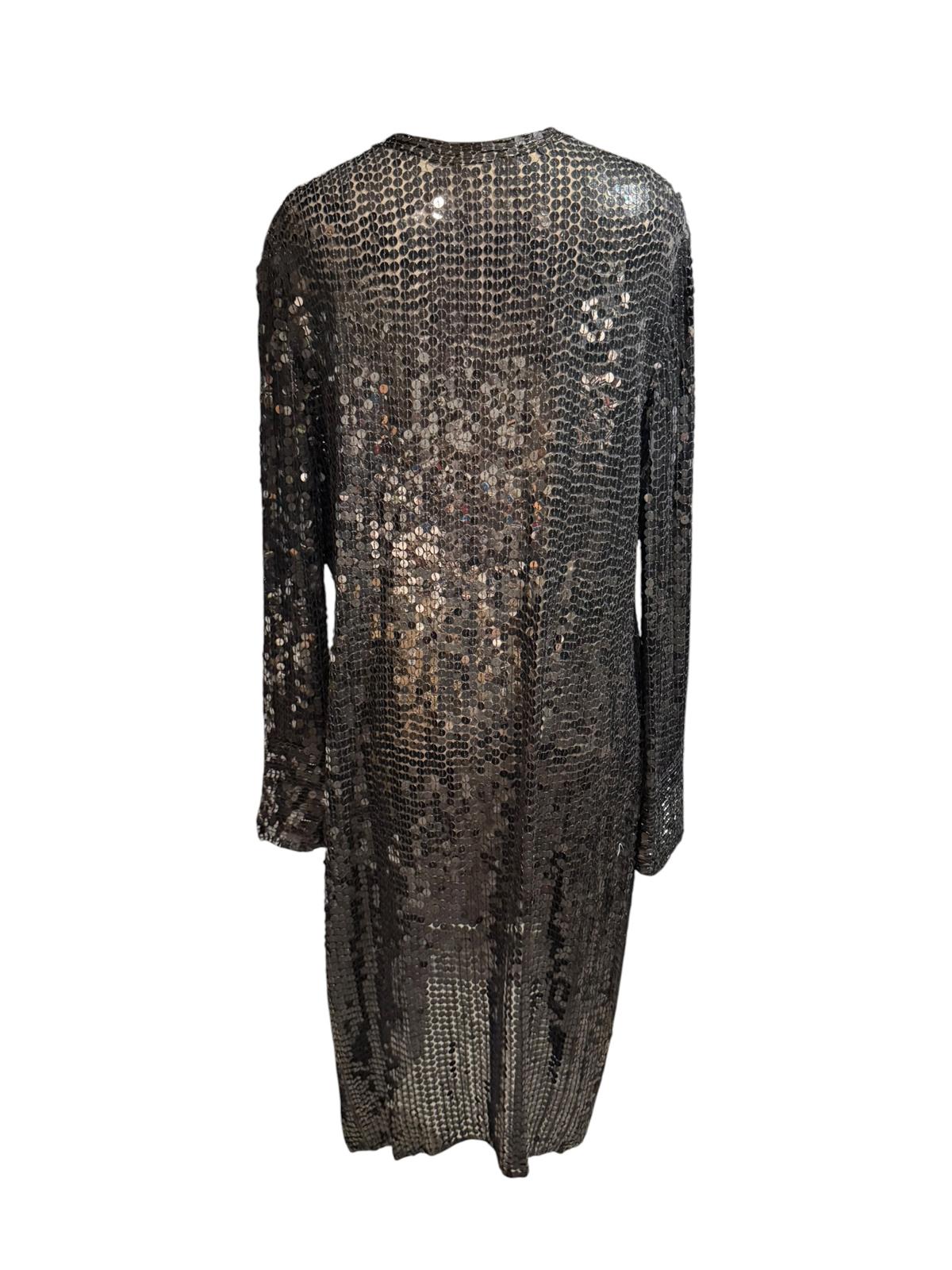 Black Vintage Long Sleeve 100% Silk Sequin Open Front Duster Coat
