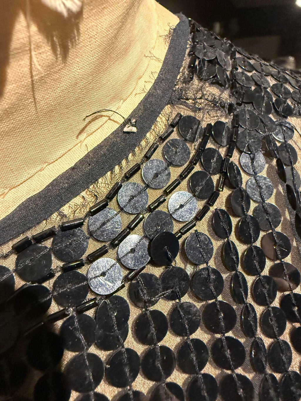 Black Vintage Long Sleeve 100% Silk Sequin Open Front Duster Coat