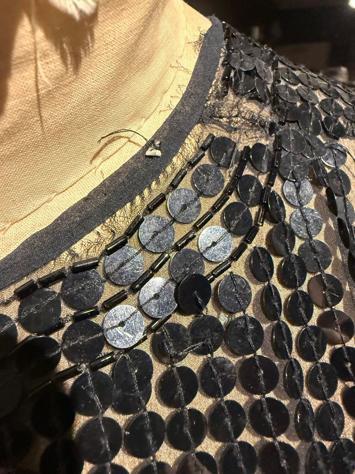 Black Vintage Long Sleeve 100% Silk Sequin Open Front Duster Coat