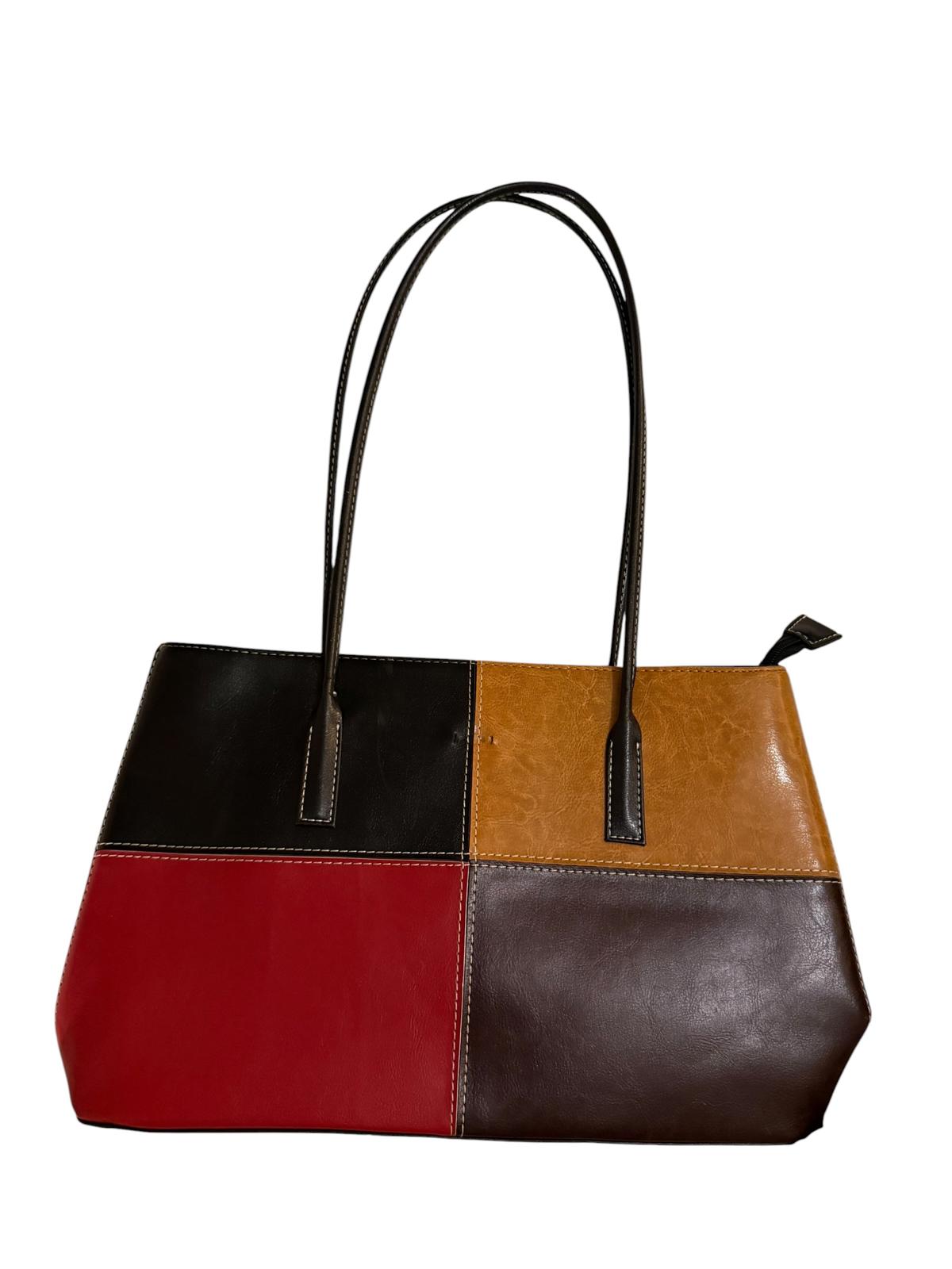 Color Block Leather Tote Bag with Long Handles