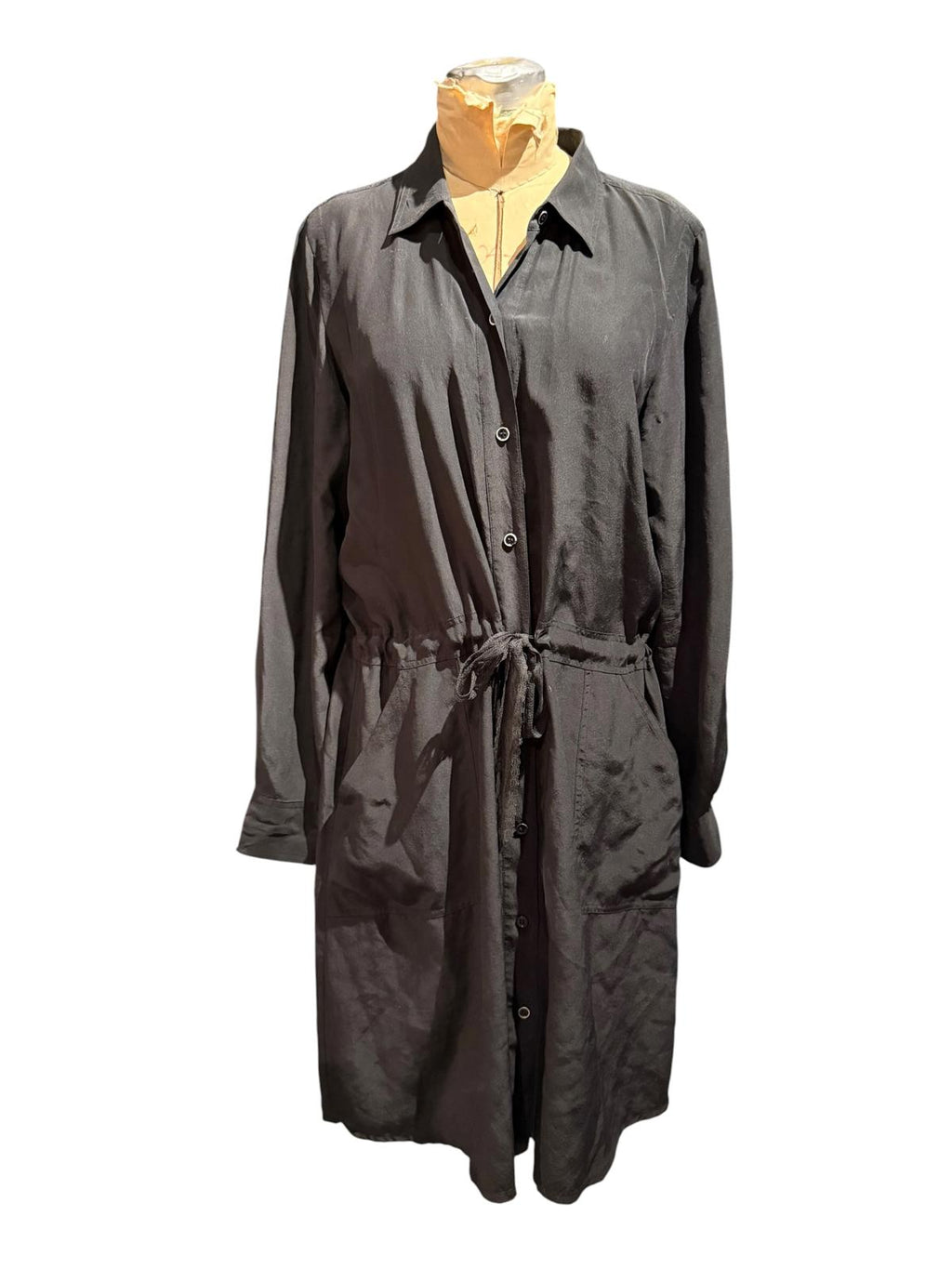 Eileen Fisher Black Long Sleeve Button-Up Shirt Dress with Drawstring