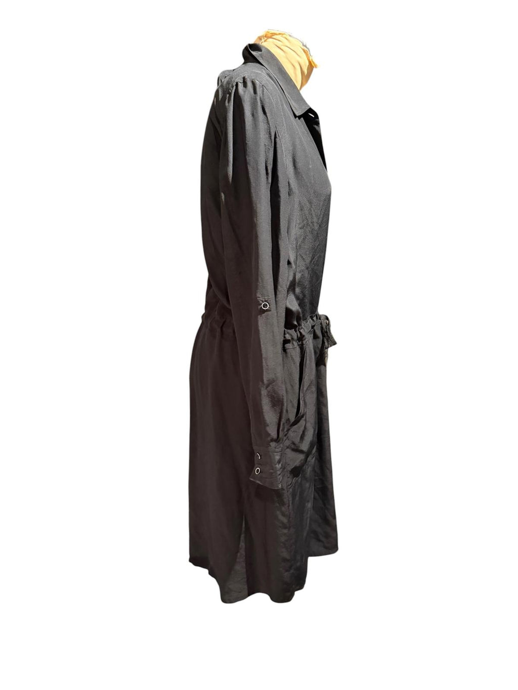 Eileen Fisher Black Long Sleeve Button-Up Shirt Dress with Drawstring