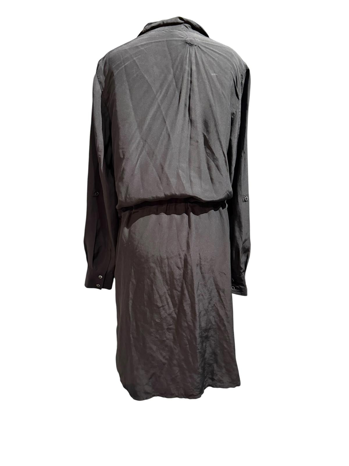 Eileen Fisher Black Long Sleeve Button-Up Shirt Dress with Drawstring