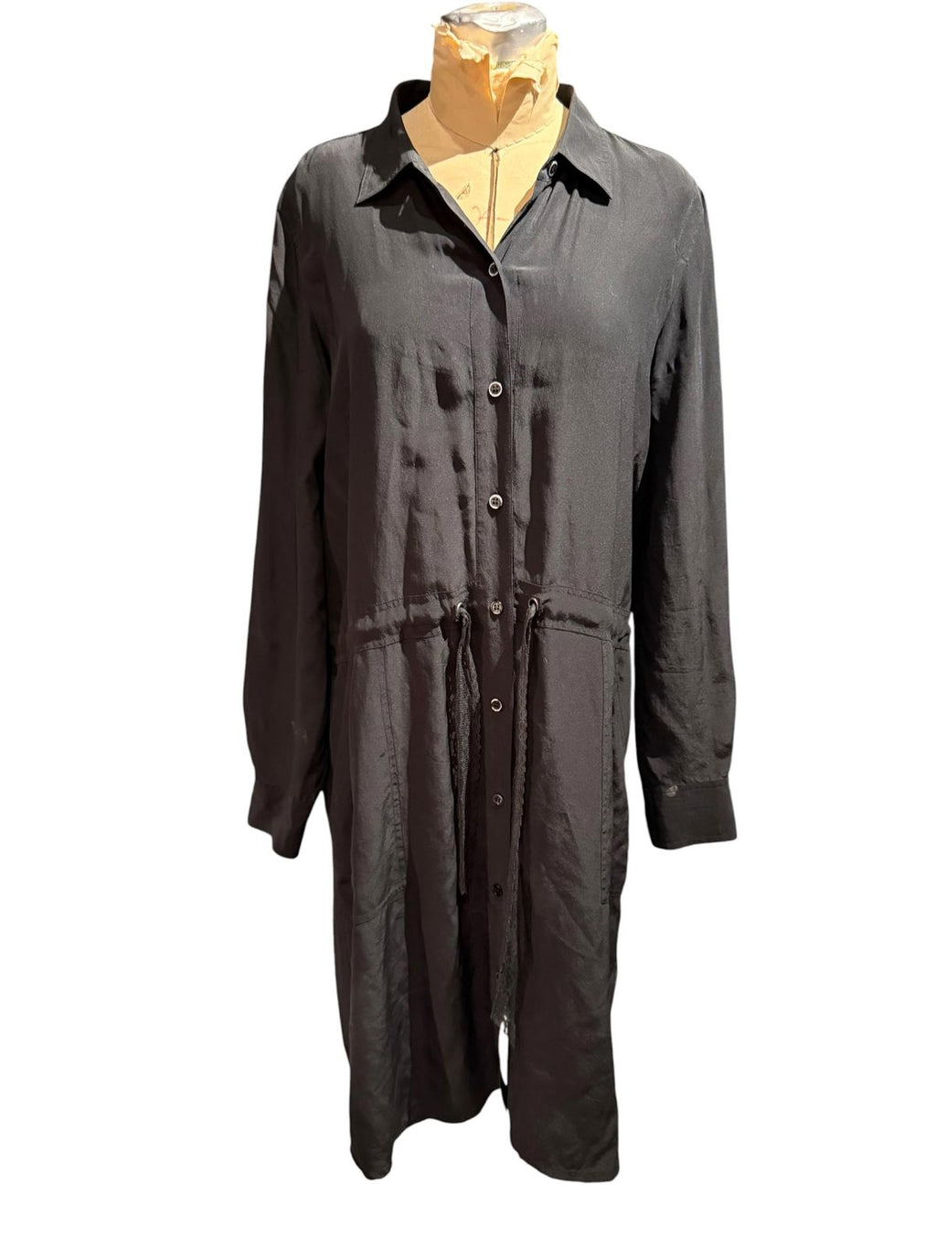 Eileen Fisher Black Long Sleeve Button-Up Shirt Dress with Drawstring
