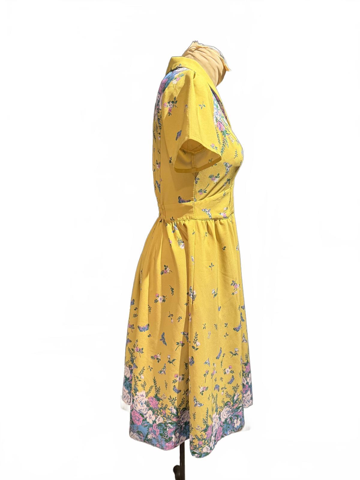 ModCloth Yellow Floral Dress with Collar and Elastic Waist