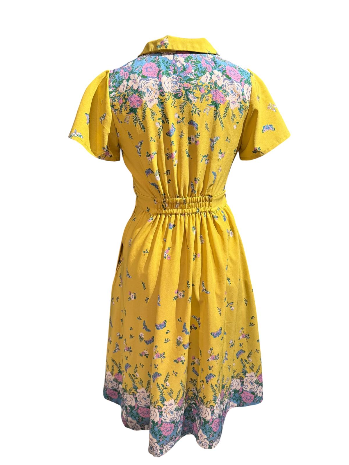 ModCloth Yellow Floral Dress with Collar and Elastic Waist