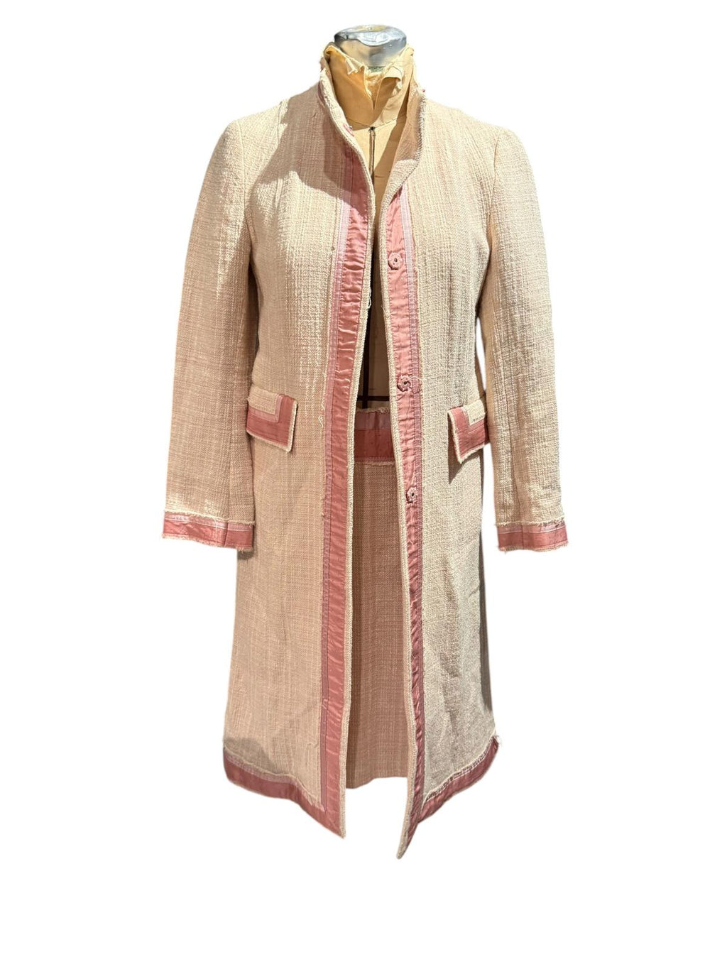 Zara Long Pink Textured Coat and Skirt Set with Trim Details