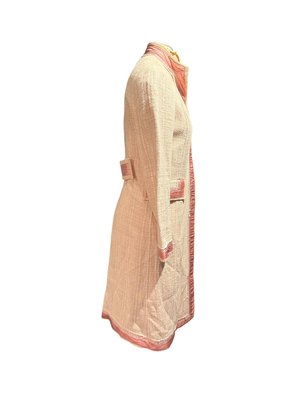 Zara Long Pink Textured Coat and Skirt Set with Trim Details