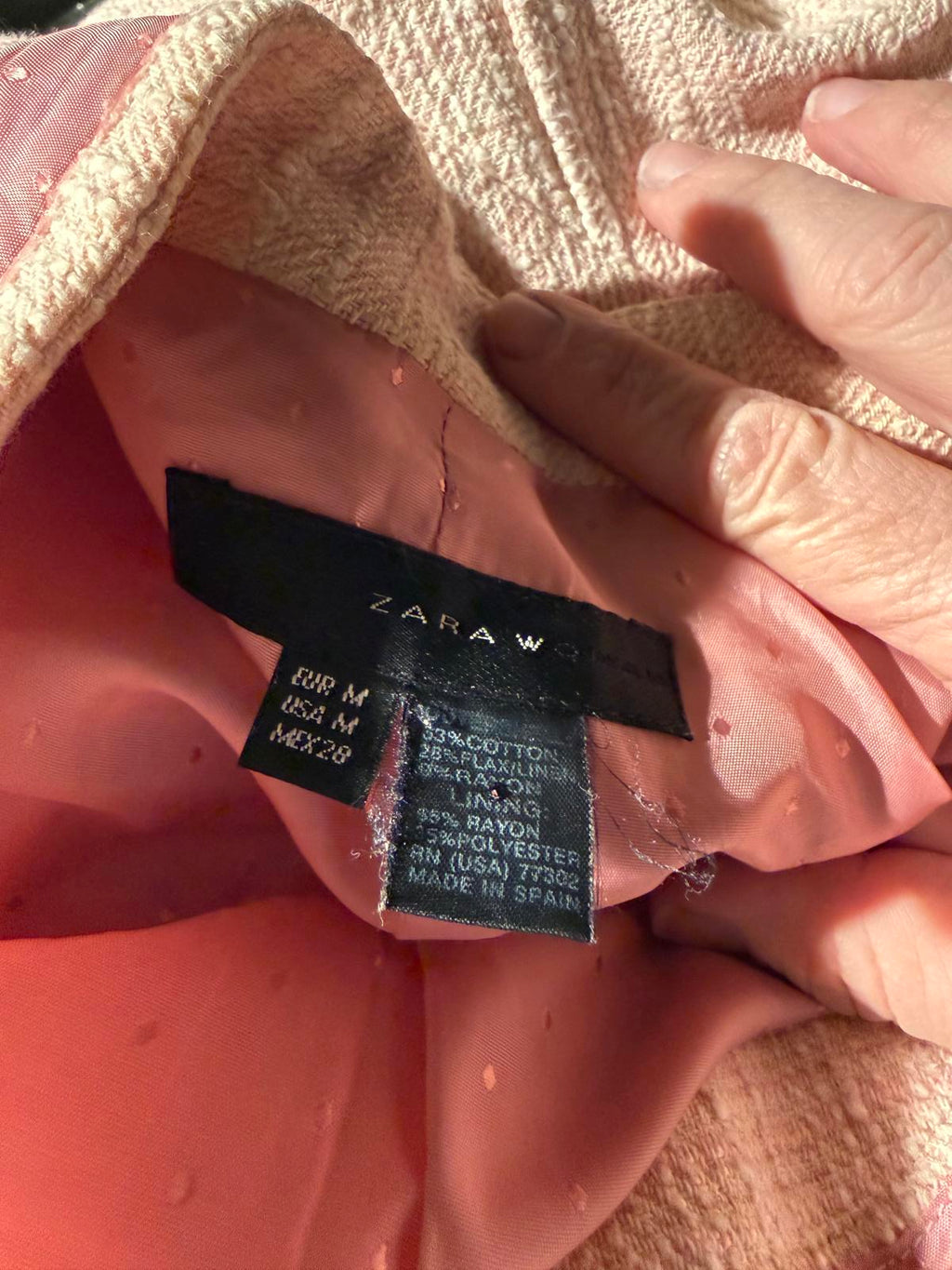 Zara Long Pink Textured Coat and Skirt Set with Trim Details