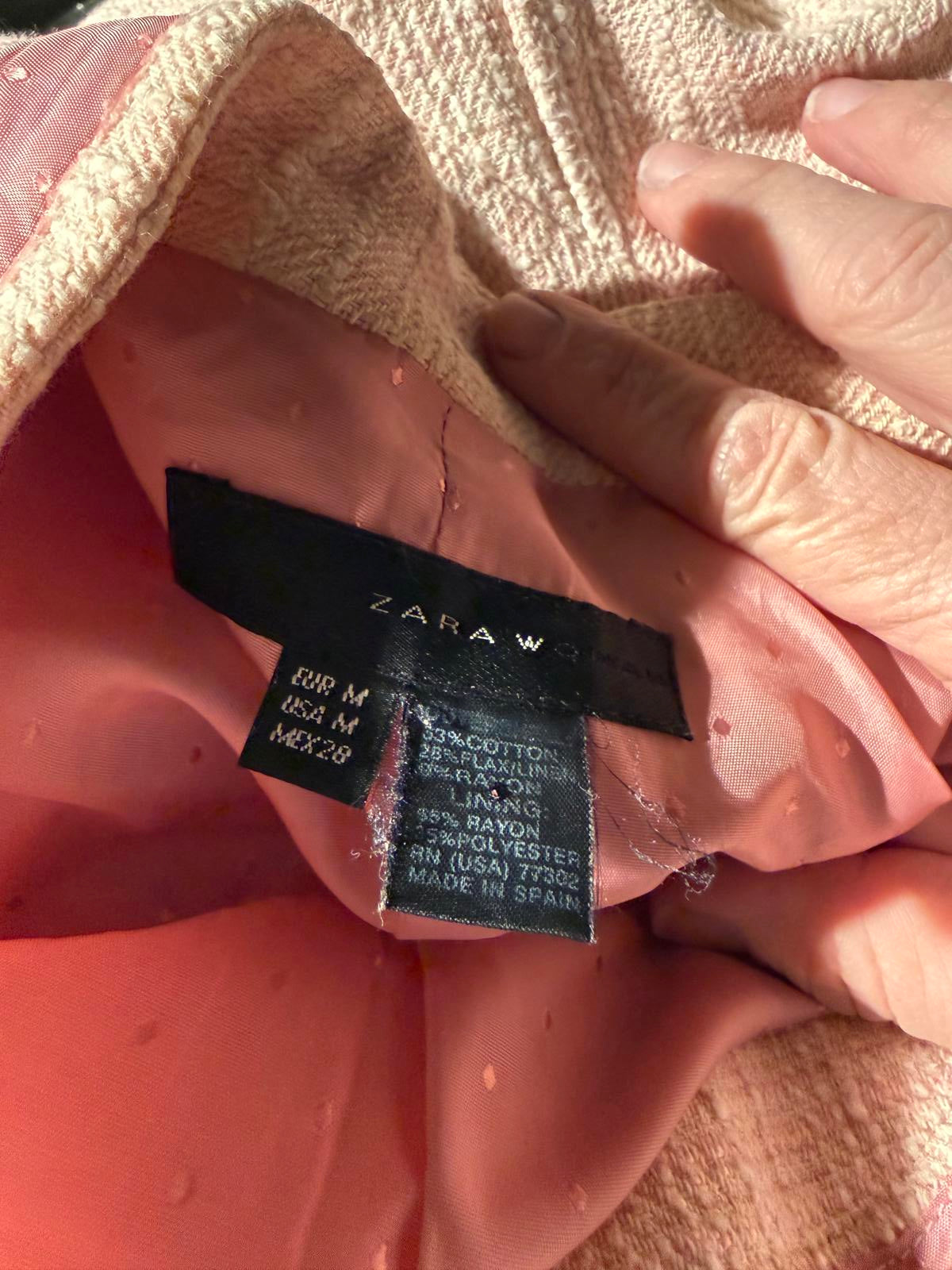 Zara Long Pink Textured Coat and Skirt Set with Trim Details