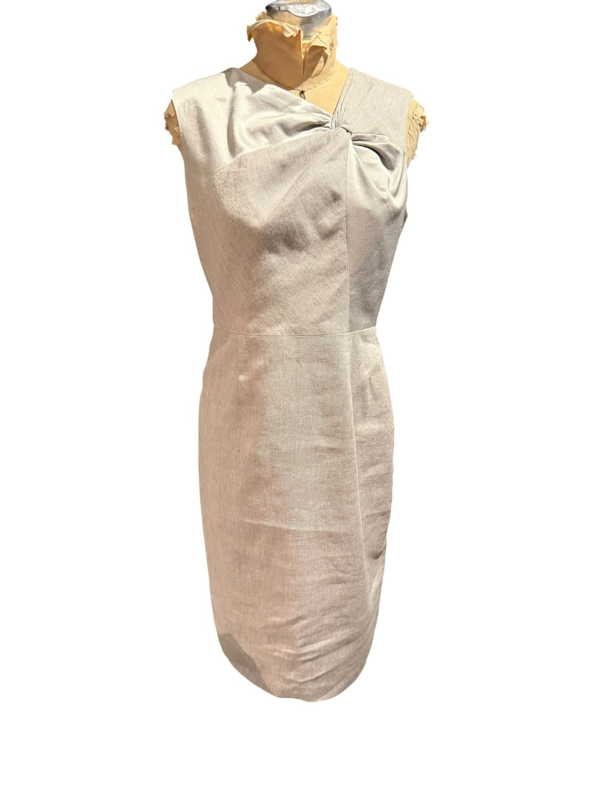 Rebecca Taylor Sleeveless Beige Linen Sheath Dress with Front Detail
