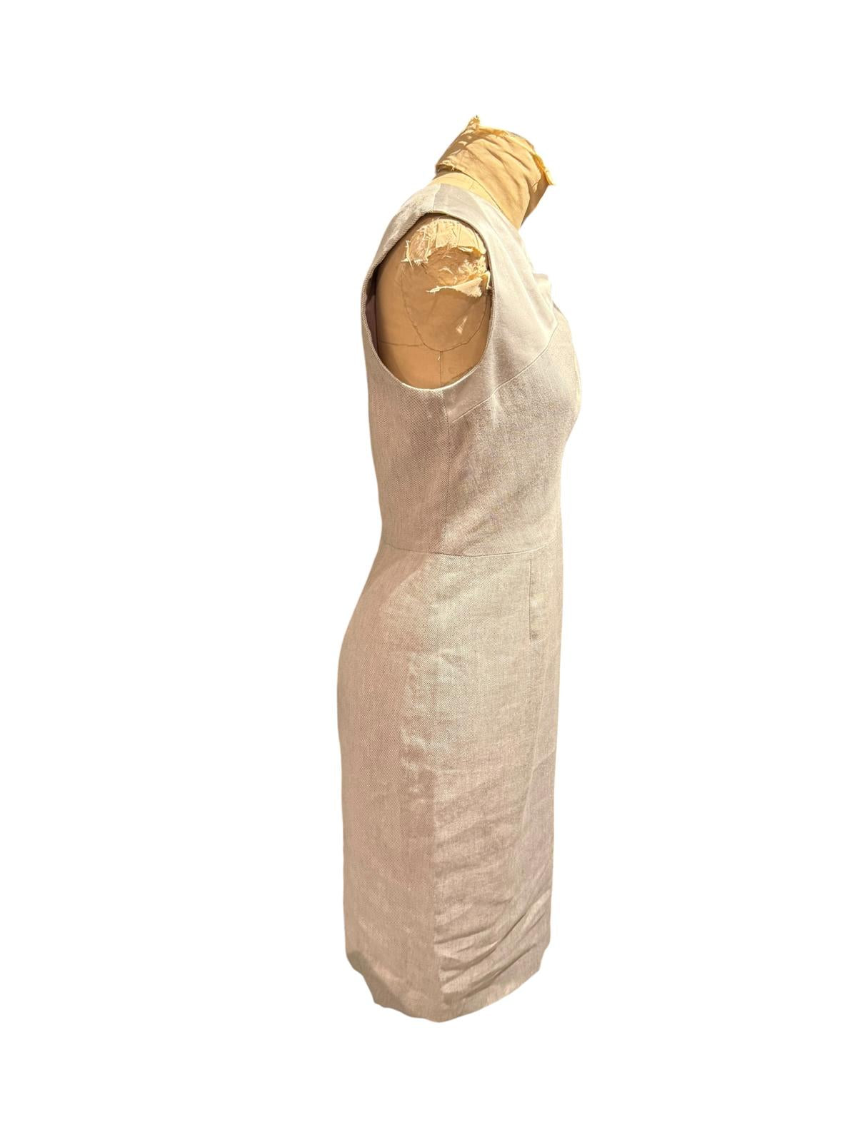 Rebecca Taylor Sleeveless Beige Linen Sheath Dress with Front Detail