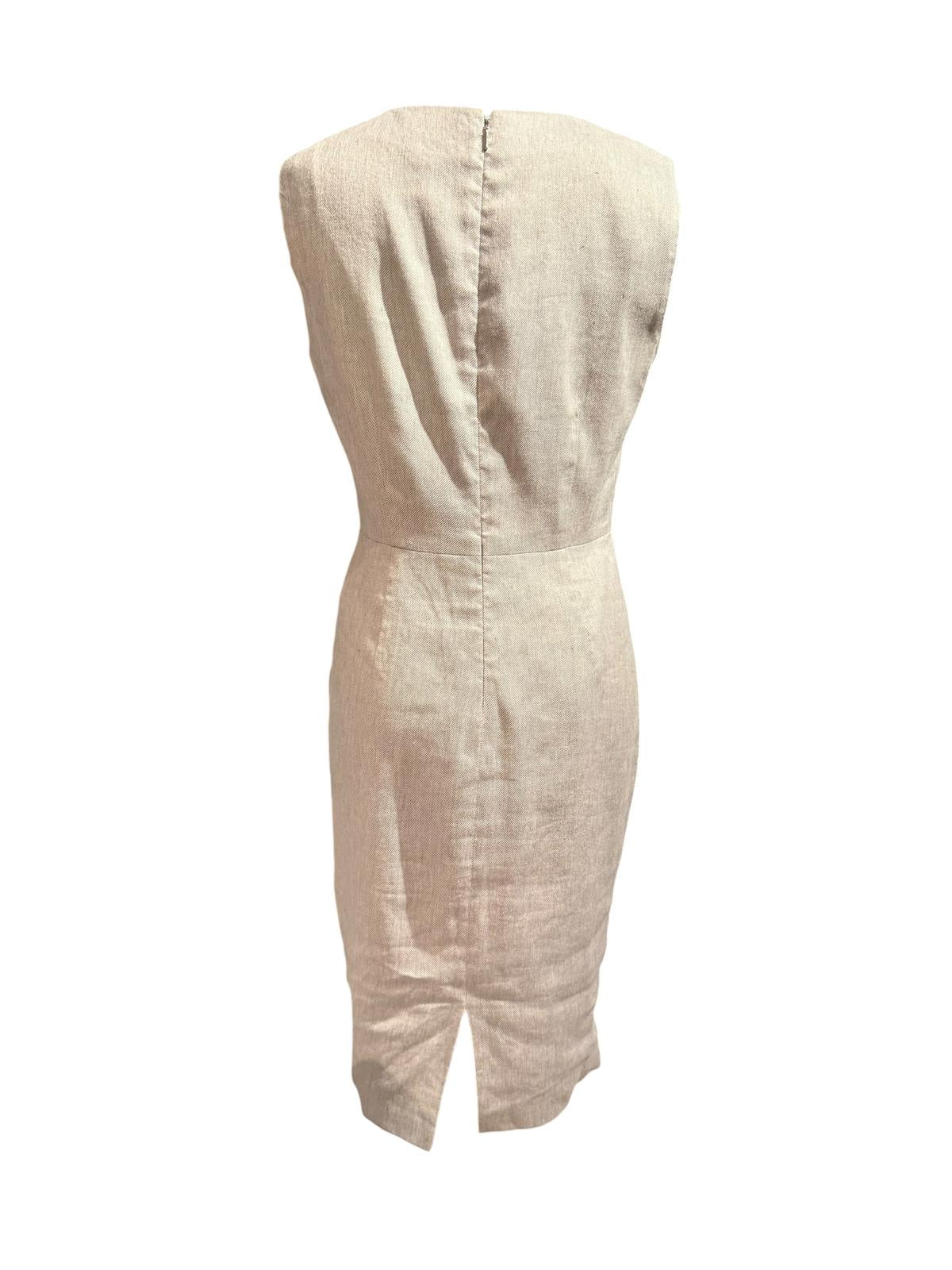 Rebecca Taylor Sleeveless Beige Linen Sheath Dress with Front Detail