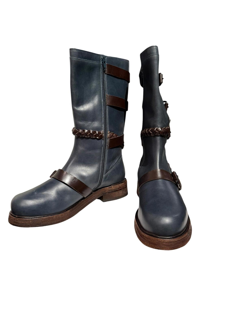 Free People Billie Buckle Blue Leather Mid-Calf Boots with Brown Braided Straps