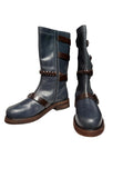 Free People Billie Buckle Blue Leather Mid-Calf Boots with Brown Braided Straps